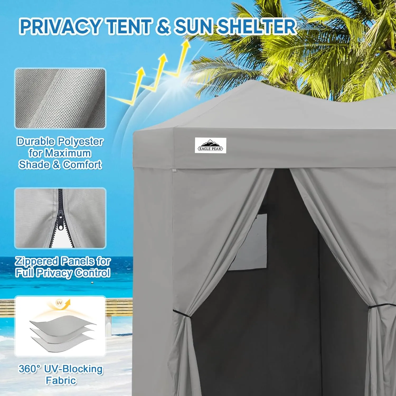 EAGLE PEAK Outdoor Changing Room 8x4, 2 Room Pop Up Portable Changing Room, Sun Shelter, Pop Up Changing Tent for Beach or Pool, Portable Dressing Room for Photoshoots (Gray)