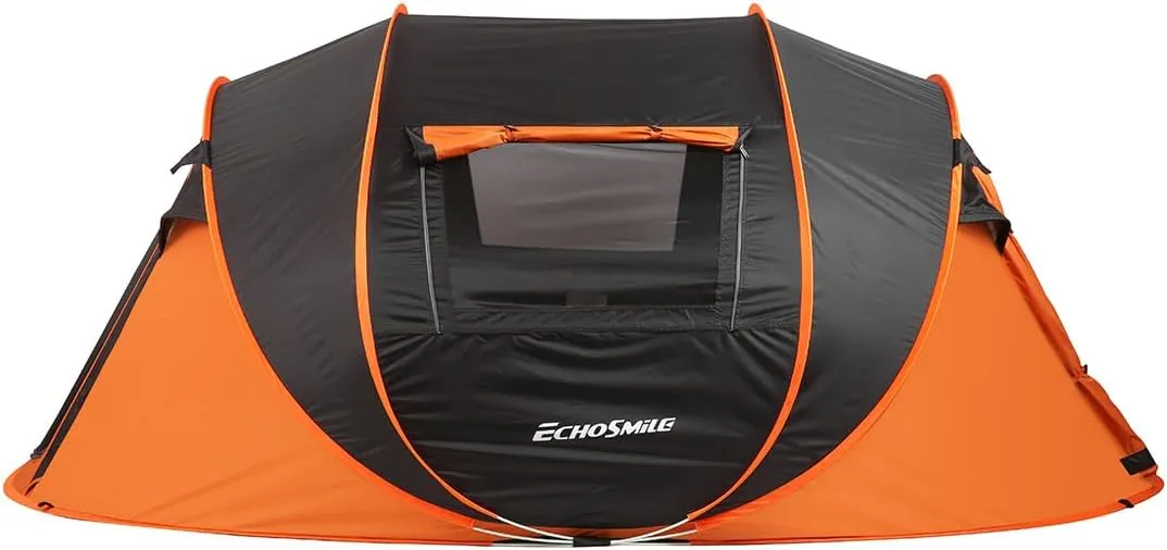 Easy Setup 5-8 Person Pop-Up Camping Tent, Spacious with Ventilation, Black and Orange