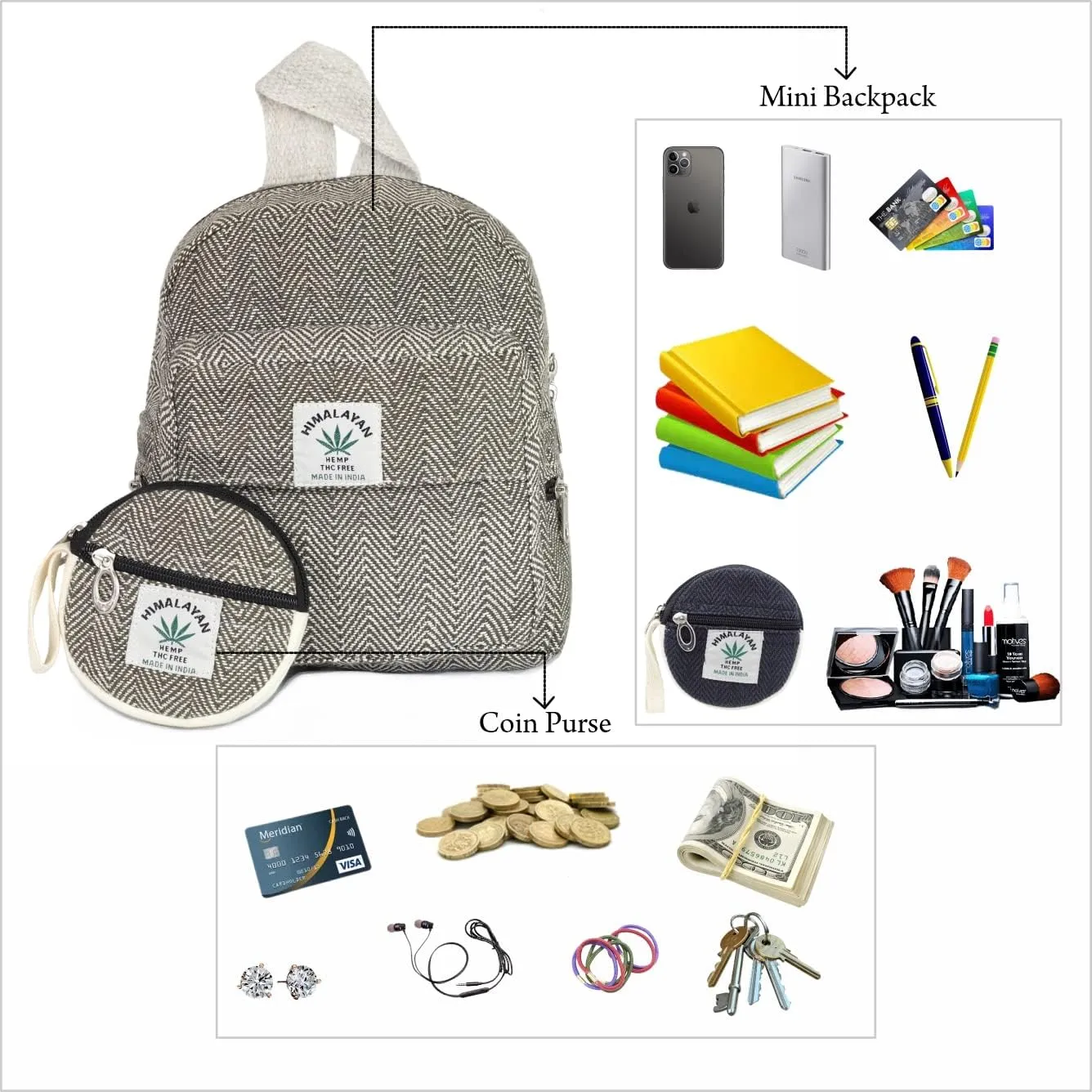 Eco Friendly Set Of Hemp Mini Backpack   Coin Purse Cute Light Weight Hemp Bag For women Girl (Dark Green)