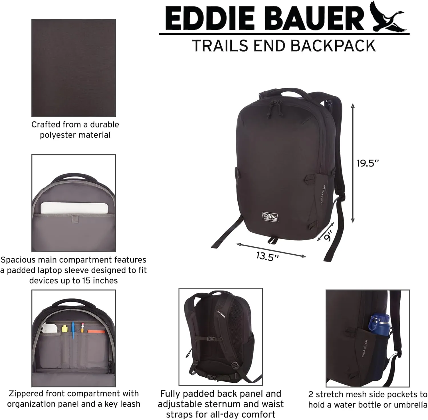 Eddie Bauer Trail Ends Backpack 28L | Laptop Sleeve | EDC | Work | Commuting | Side Pockets | Padded Shoulder | Mesh Back, Black