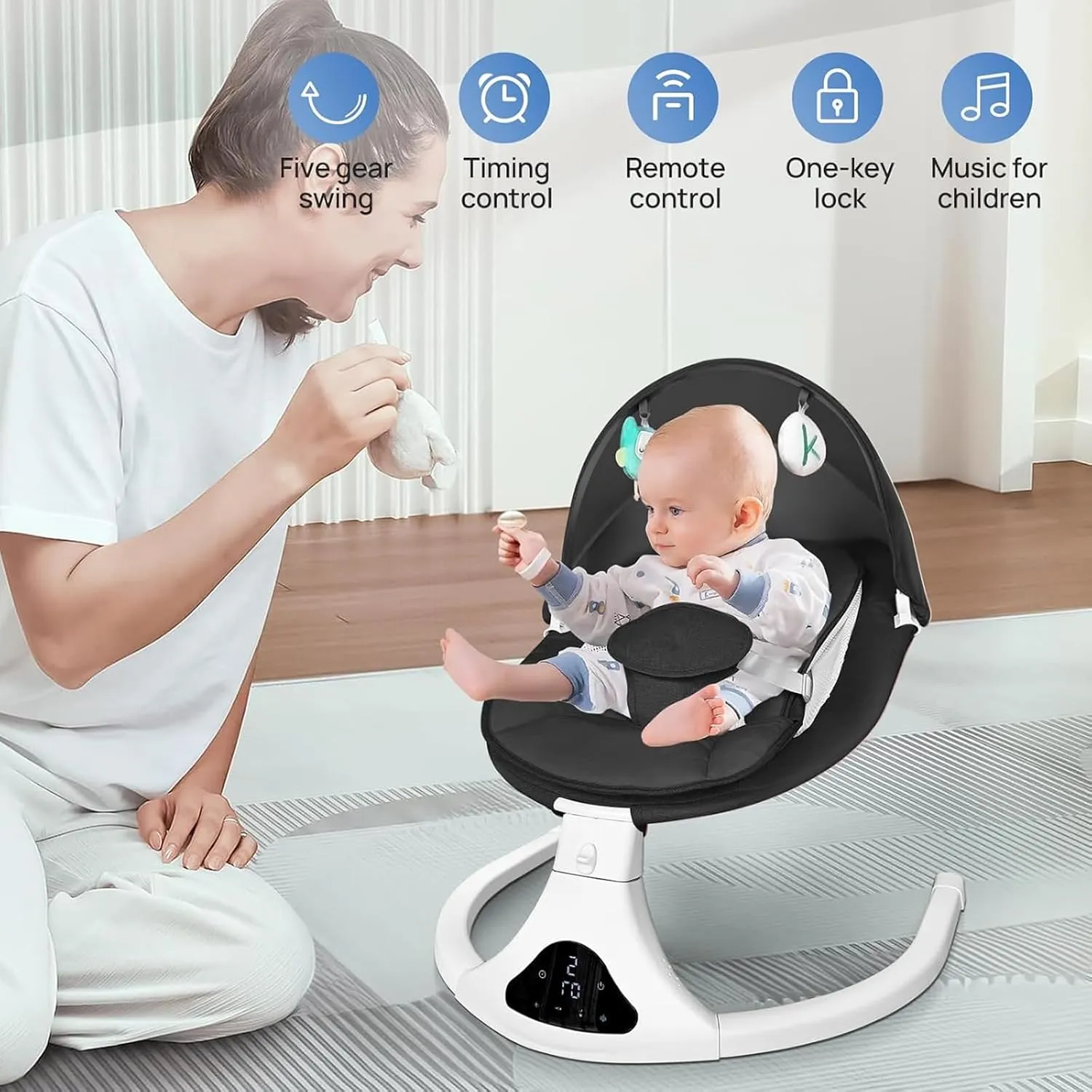 Electric Baby Swing for Infants to Toddler| Portable Infant Swing with Remote Control, Rocker with 5 Speeds, 3-Point Harness for Baby Boy Girl (Black)