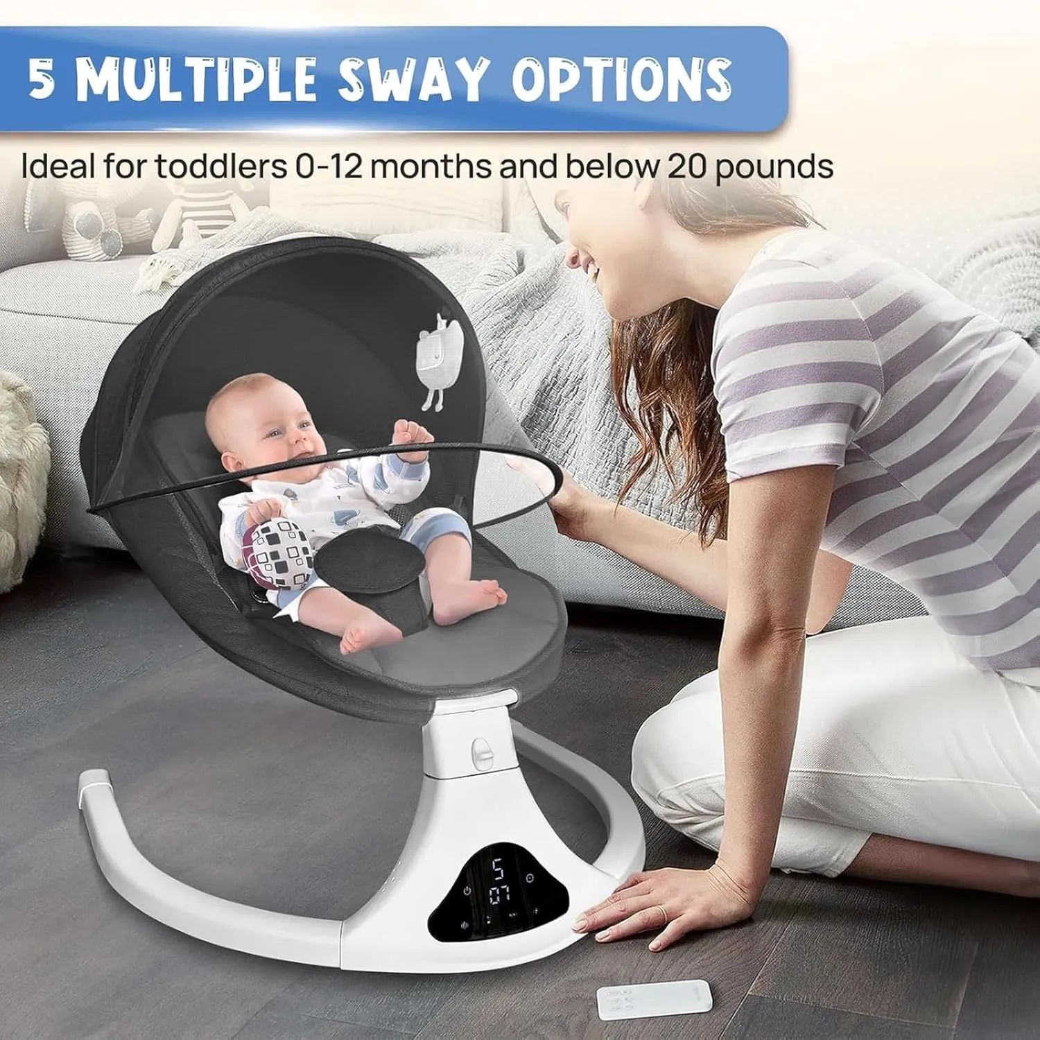 Electric Baby Swing for Infants to Toddler| Portable Infant Swing with Remote Control, Rocker with 5 Speeds, 3-Point Harness for Baby Boy Girl (Black)