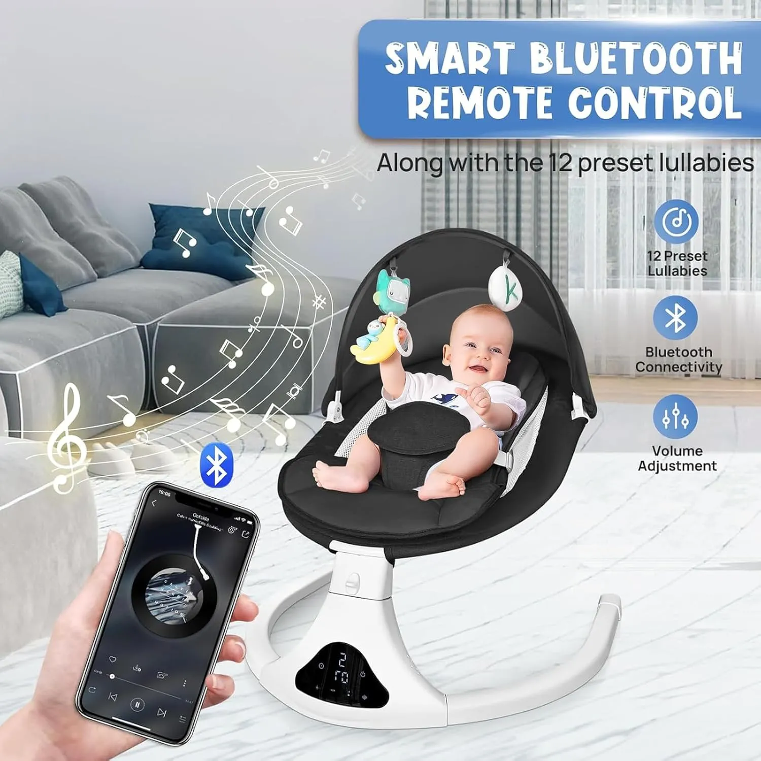 Electric Baby Swing for Infants to Toddler| Portable Infant Swing with Remote Control, Rocker with 5 Speeds, 3-Point Harness for Baby Boy Girl (Black)