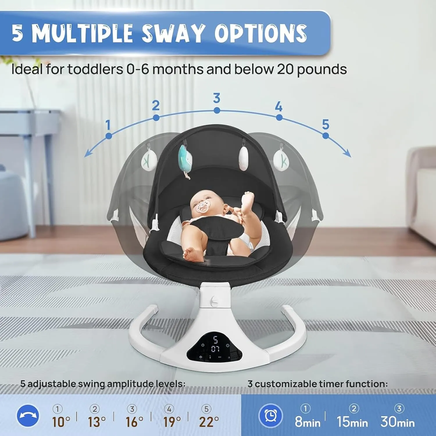 Electric Baby Swing for Infants to Toddler| Portable Infant Swing with Remote Control, Rocker with 5 Speeds, 3-Point Harness for Baby Boy Girl (Black)