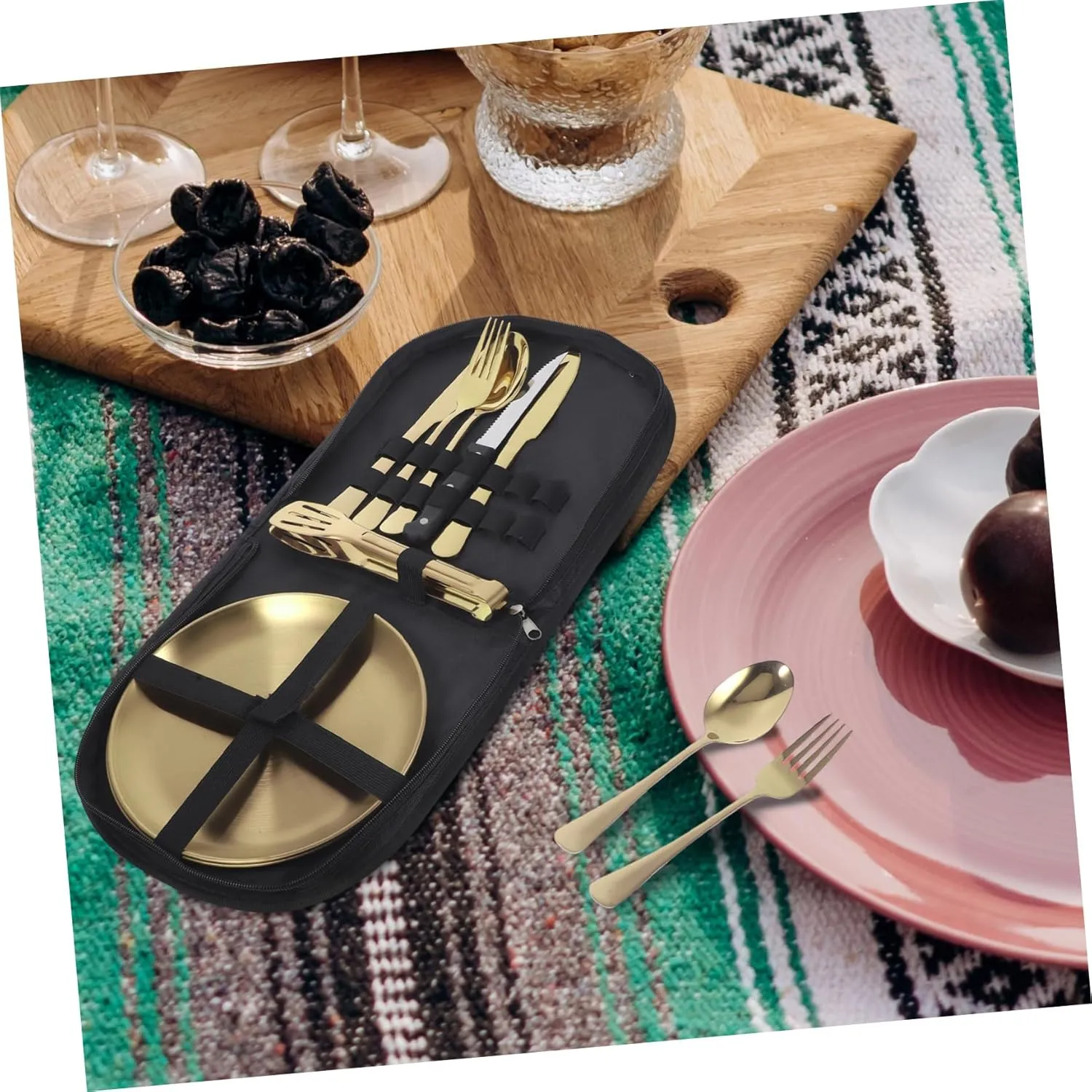 Elegant Outdoor Tableware Set Stainless Steel Silverware Set with Serving Spoon Soup Spoon Folding Utensils Portable Camping Dinnerware
