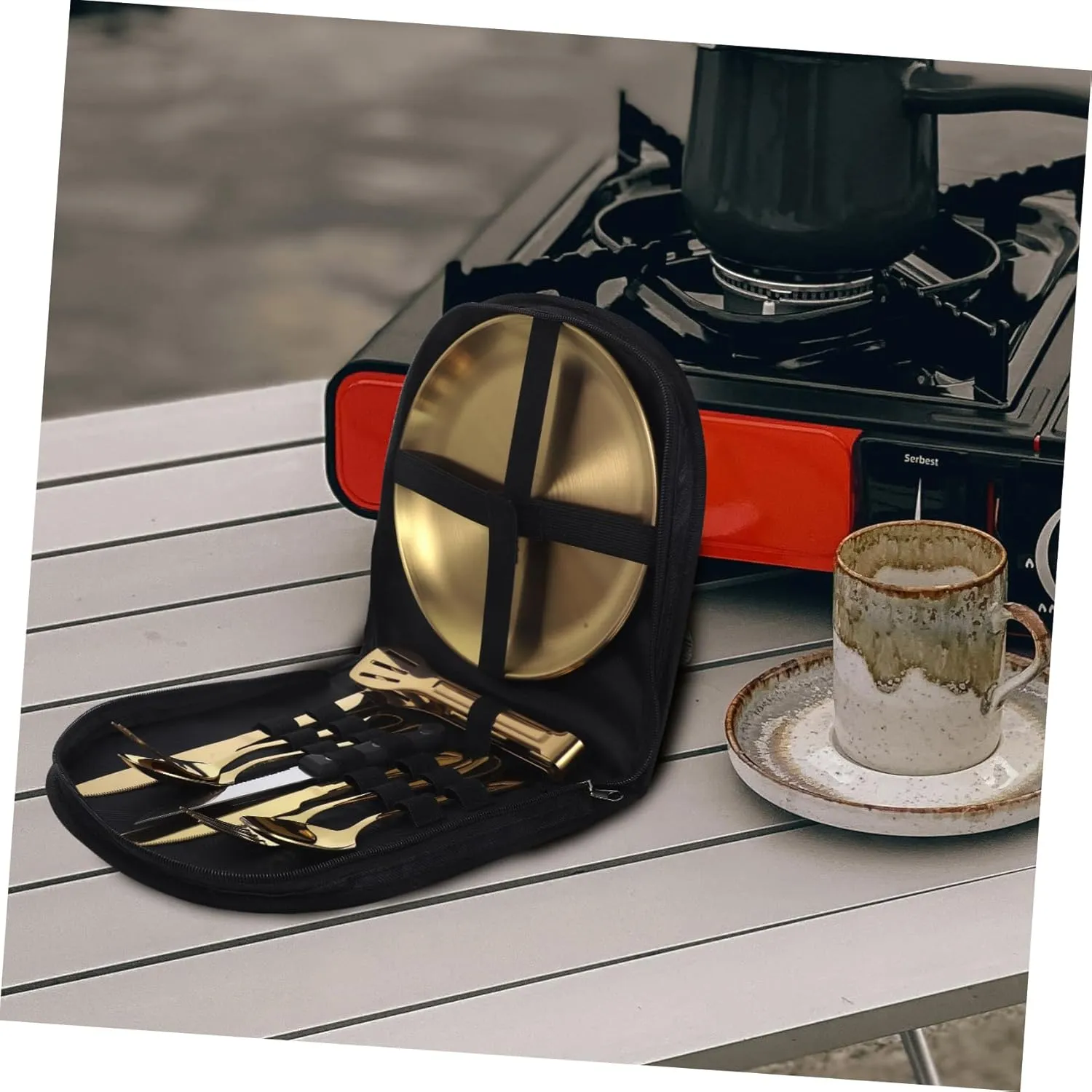 Elegant Outdoor Tableware Set Stainless Steel Silverware Set with Serving Spoon Soup Spoon Folding Utensils Portable Camping Dinnerware