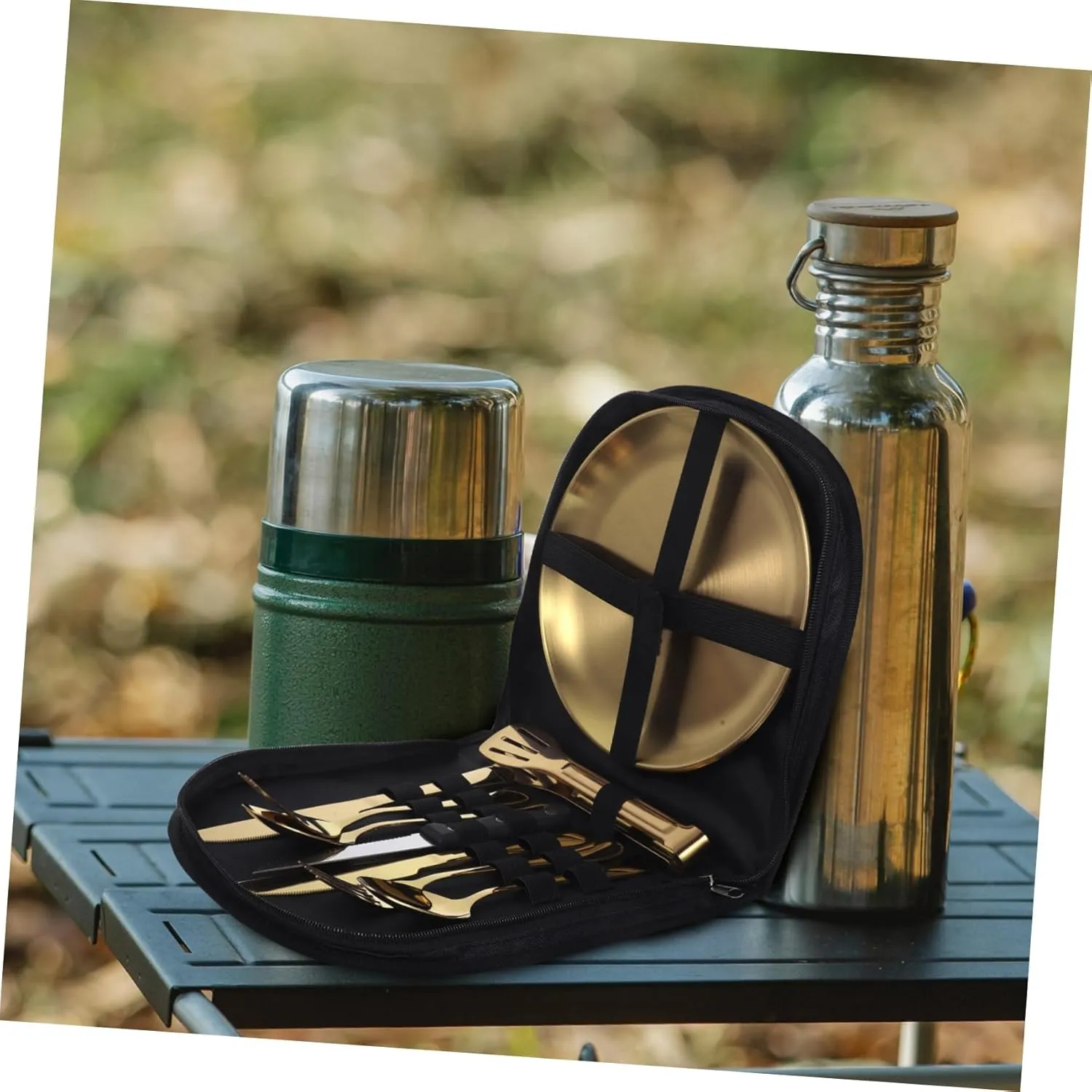 Elegant Outdoor Tableware Set Stainless Steel Silverware Set with Serving Spoon Soup Spoon Folding Utensils Portable Camping Dinnerware