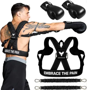 Elite Sports Adult Boxing Harness with 12oz Gloves – Adjustable Resistance Bands (3 Levels), Stability Strap, Padded Back & Shoulder, Ballistic Nylon, Quick-Release Buckle – Training & Workout Gear