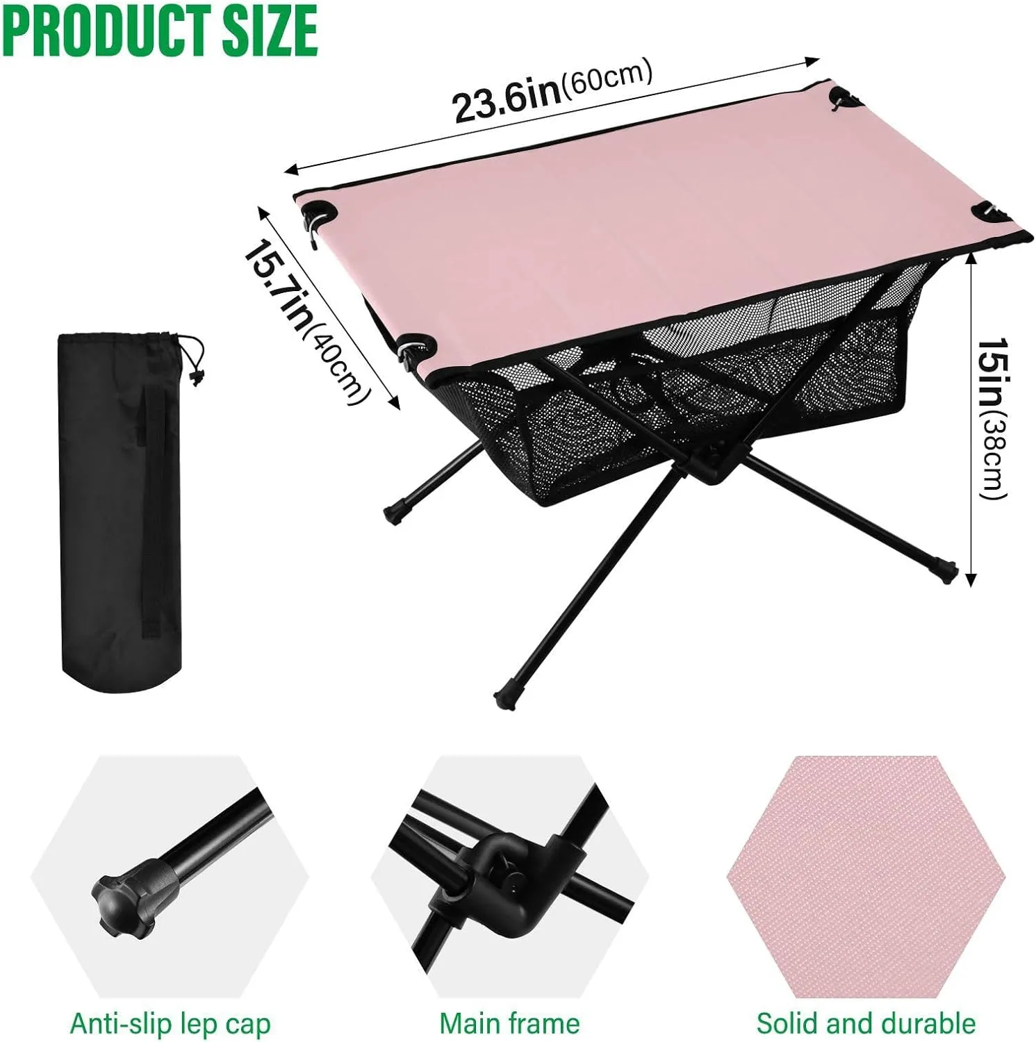 Emelivor Light Pink Folding Camping Table Portable Beach Table with Carry Bag Small Camp Tables for Camping Fishing Picnic Garden Outdoor