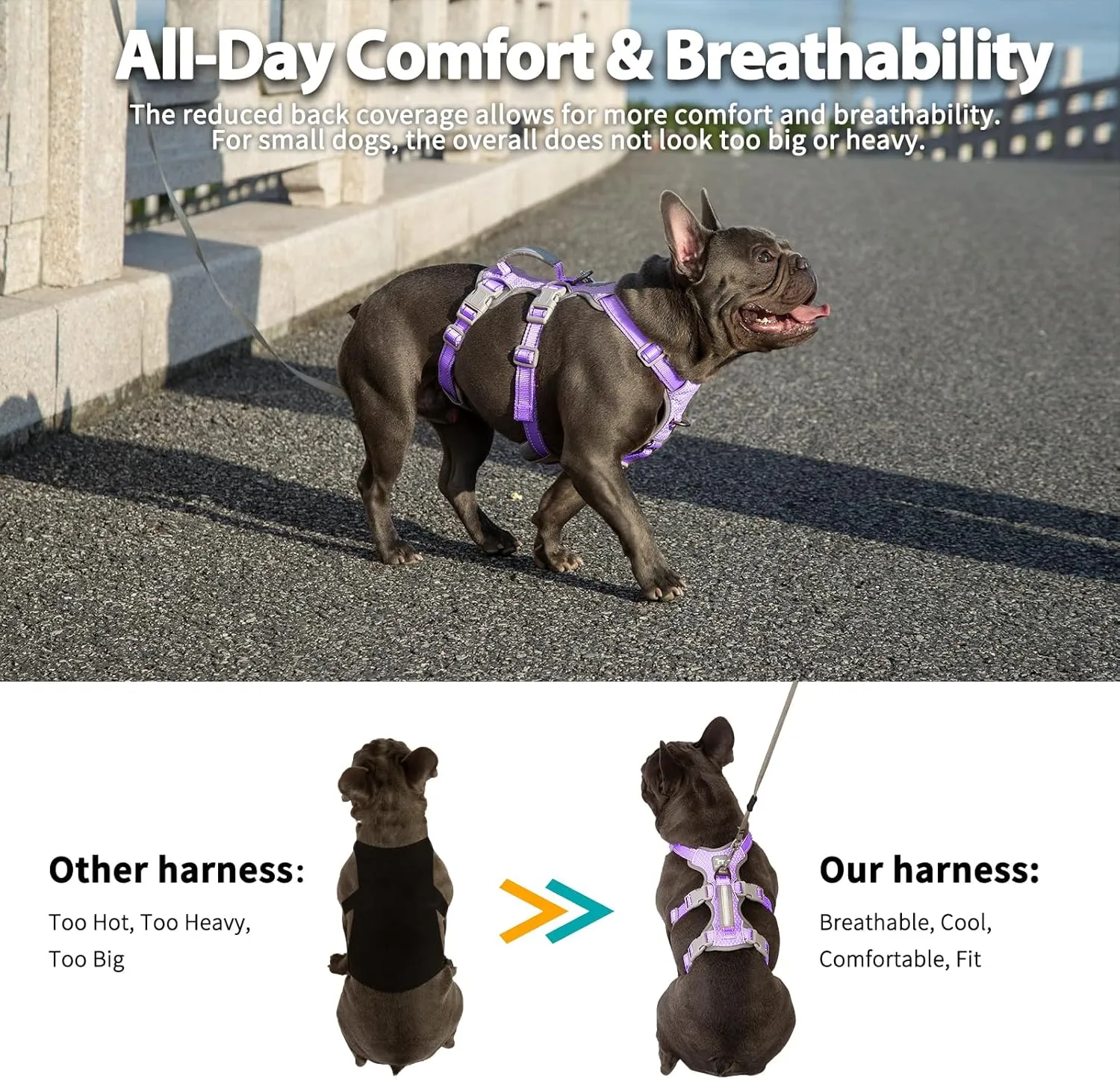 Escape Proof Dog Harness, No Pull Reflective Harness with Lift Handle,Adjustable Pet Vest with Front and Back Leash Clips for Small Medium Large Dogs Walking Hiking Training(Lavender Purple,L)