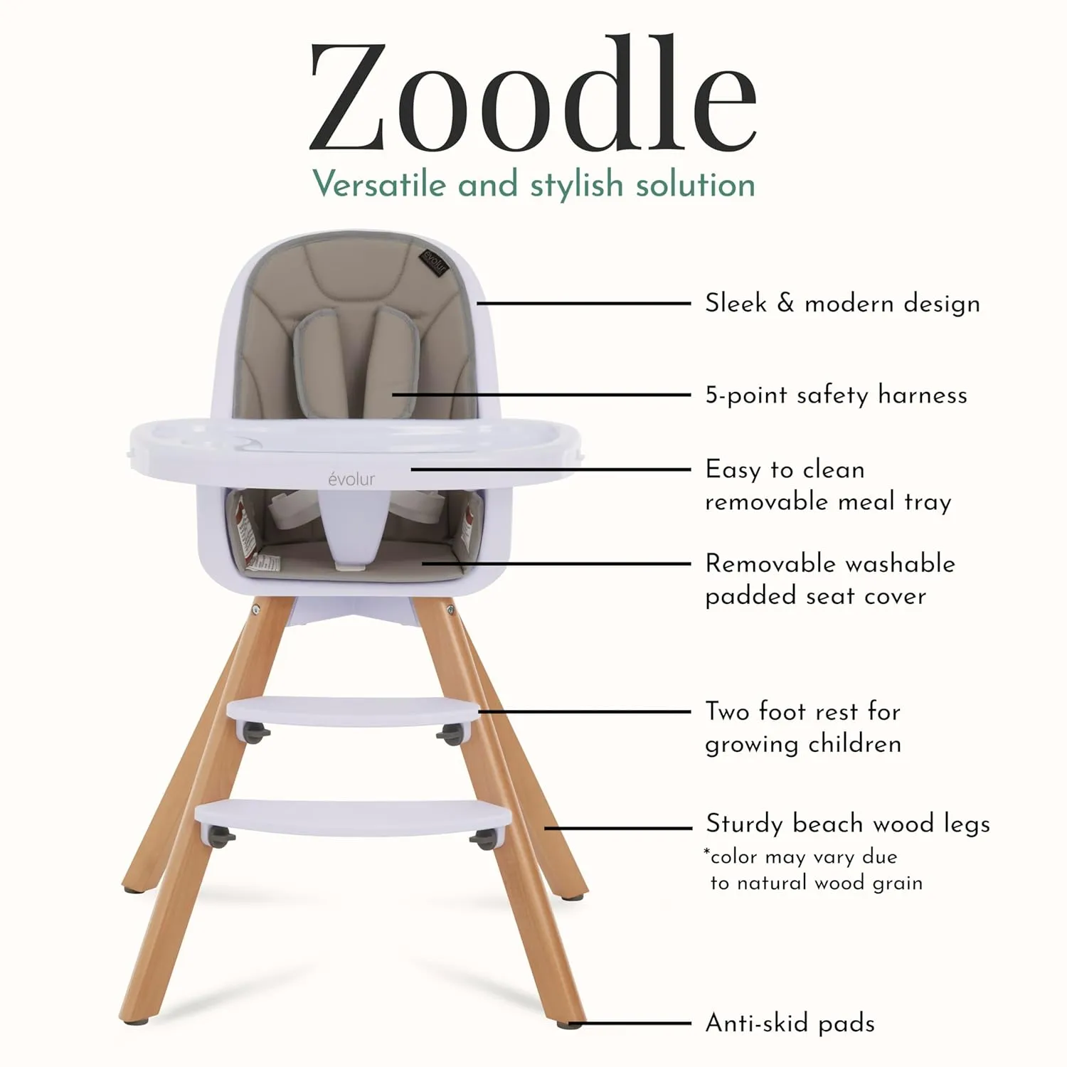 Evolur Zoodle 2 in 1 Convertible Baby High Chair in Light Gray
