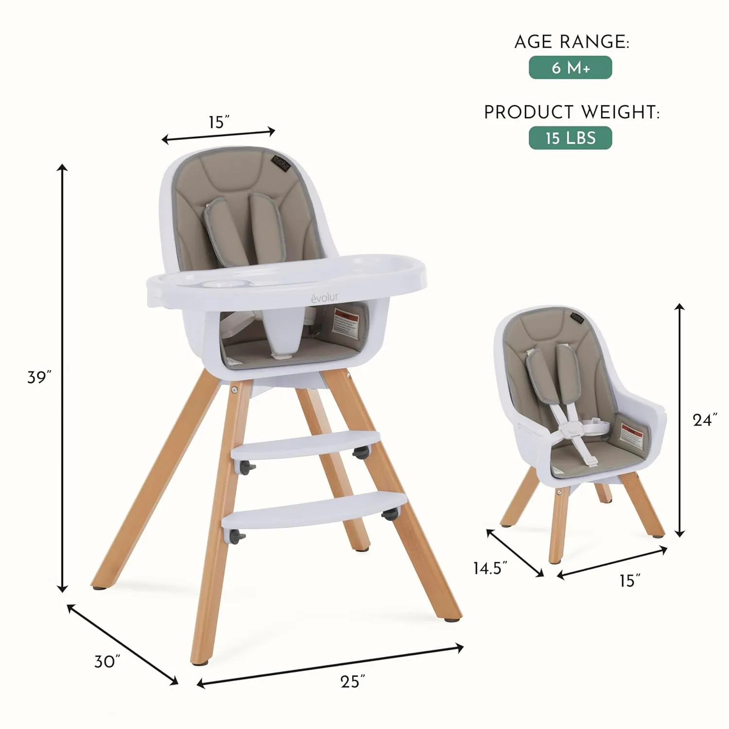 Evolur Zoodle 2 in 1 Convertible Baby High Chair in Light Gray