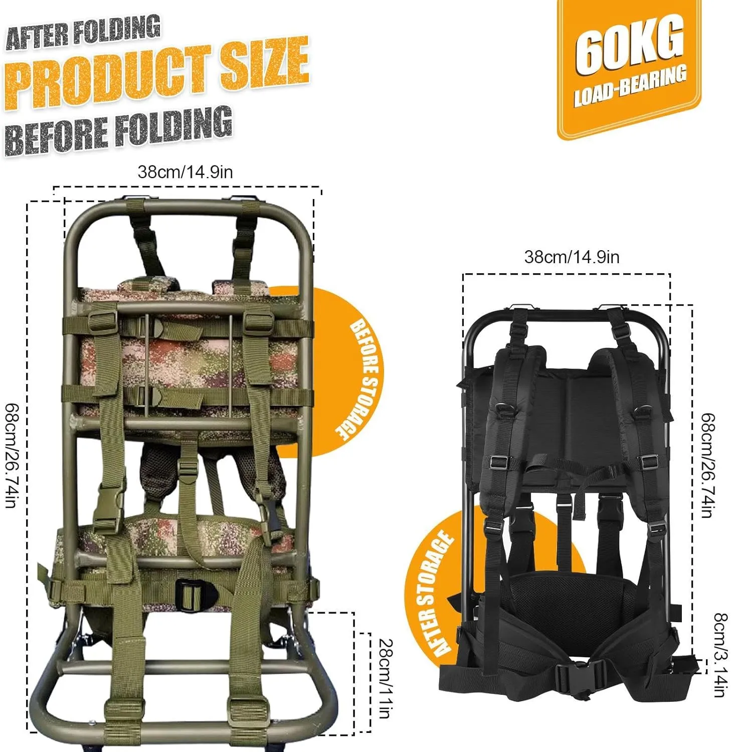External Frame Hiking Backpack - Foldable Aluminum Hunting Pack Frame │ 60kg Load Capacity │ Adjustable Top Frame & Breathable Mesh for Camping, Hiking, Travel (Camouflage)