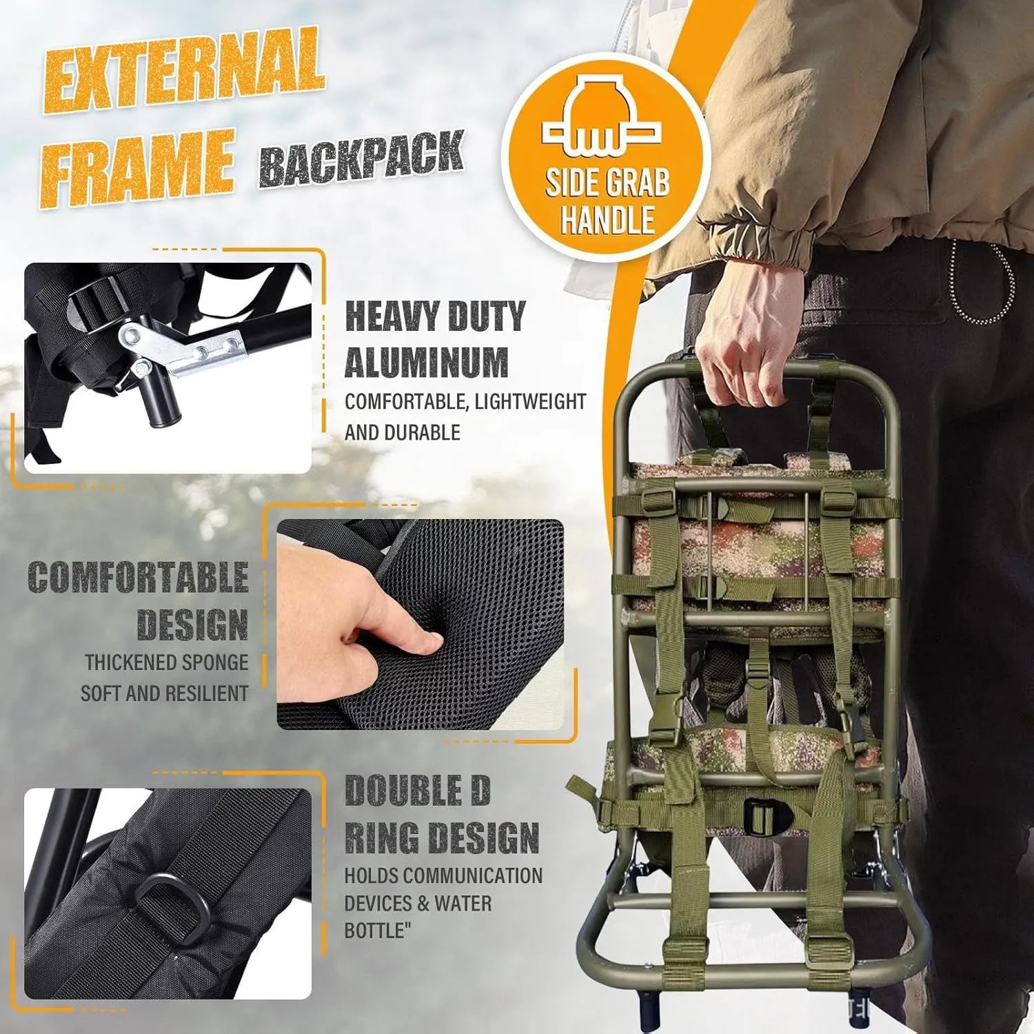 External Frame Hiking Backpack - Foldable Aluminum Hunting Pack Frame │ 60kg Load Capacity │ Adjustable Top Frame & Breathable Mesh for Camping, Hiking, Travel (Camouflage)