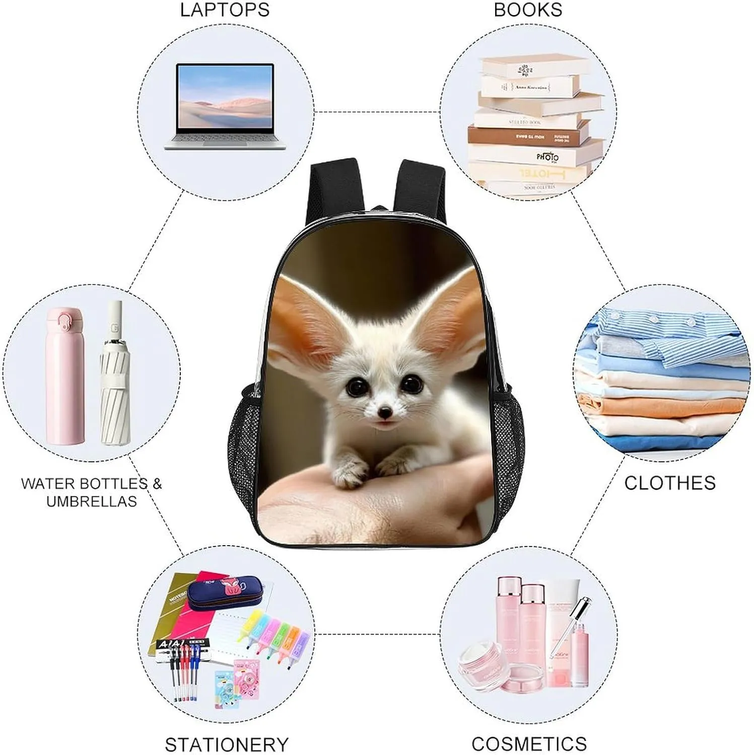Fennec Fox Cute Daypack Backpack Transparent Anti-Theft Multipurpose Bookbag Big Capacity Travel Hiking & Camping Rucksack With Smooth Zippers