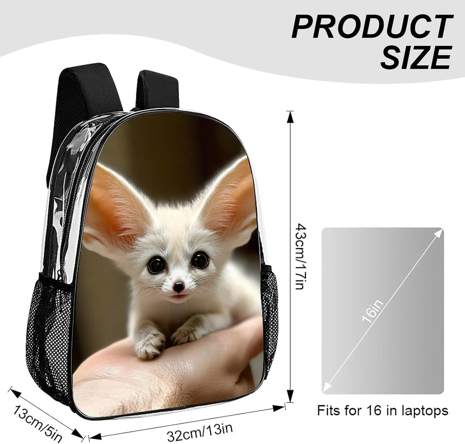 Fennec Fox Cute Daypack Backpack Transparent Anti-Theft Multipurpose Bookbag Big Capacity Travel Hiking & Camping Rucksack With Smooth Zippers