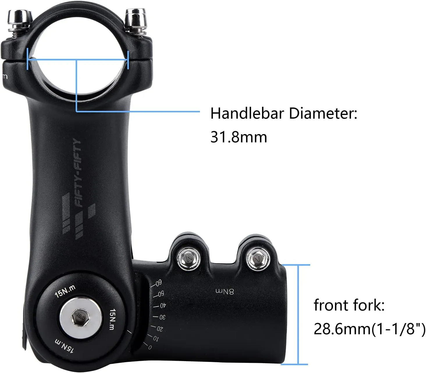 FIFTY-FIFTY Adjustable Bike Stem, 0-60 Degree Mountain Bike Stem, Riser Stem for 1-1/8 Steer Tube 31.8mm Handlebar, Alloy Stem for Most Bicycle, Road Bike, MTB, E-Bike with 2 Hex Keys
