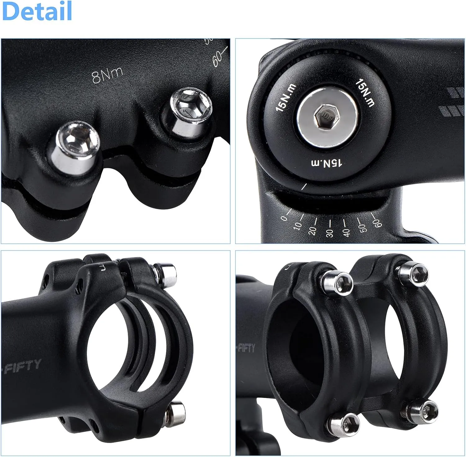 FIFTY-FIFTY Adjustable Bike Stem, 0-60 Degree Mountain Bike Stem, Riser Stem for 1-1/8 Steer Tube 31.8mm Handlebar, Alloy Stem for Most Bicycle, Road Bike, MTB, E-Bike with 2 Hex Keys