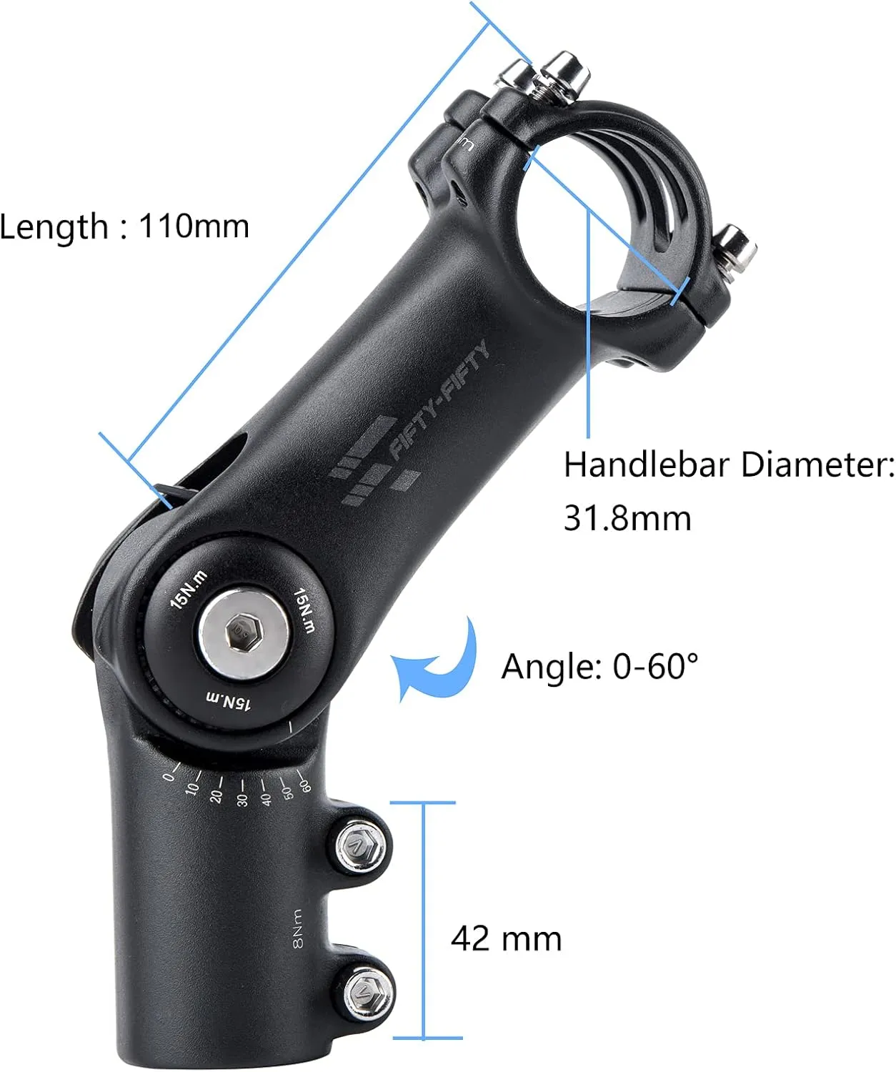 FIFTY-FIFTY Adjustable Bike Stem, 0-60 Degree Mountain Bike Stem, Riser Stem for 1-1/8 Steer Tube 31.8mm Handlebar, Alloy Stem for Most Bicycle, Road Bike, MTB, E-Bike with 2 Hex Keys