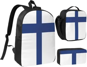 Finnish flag print Backpack 3pcs Set Including 17 Inch Large BookBag With Lunch Bag And Practical Pen Bag