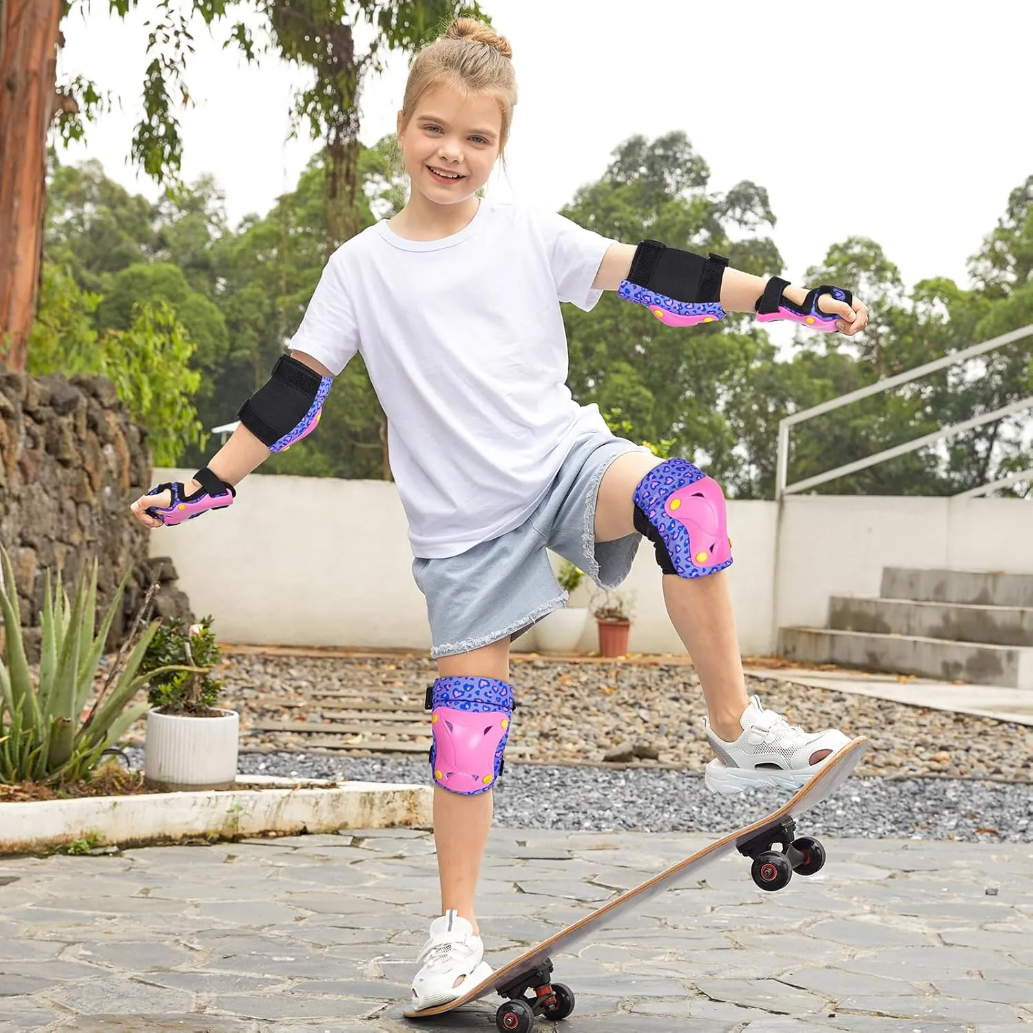 FIODAY Knee Pads for Kids Toddler Knee Pads and Elbow Pads Wrist Guards with Drawstring Bag Adjustable Protective Gear Set for Girls Boys Skating Cycling Skateboard Scooter,3-8 Years,Purple Pink