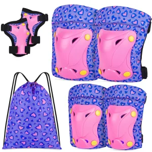 FIODAY Knee Pads for Kids Toddler Knee Pads and Elbow Pads Wrist Guards with Drawstring Bag Adjustable Protective Gear Set for Girls Boys Skating Cycling Skateboard Scooter,3-8 Years,Purple Pink