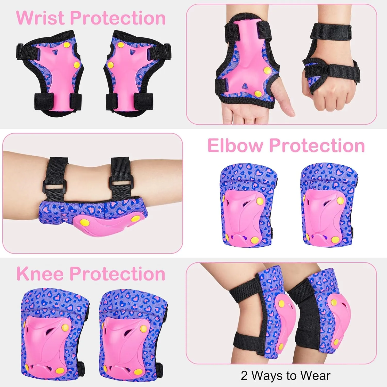 FIODAY Knee Pads for Kids Toddler Knee Pads and Elbow Pads Wrist Guards with Drawstring Bag Adjustable Protective Gear Set for Girls Boys Skating Cycling Skateboard Scooter,3-8 Years,Purple Pink