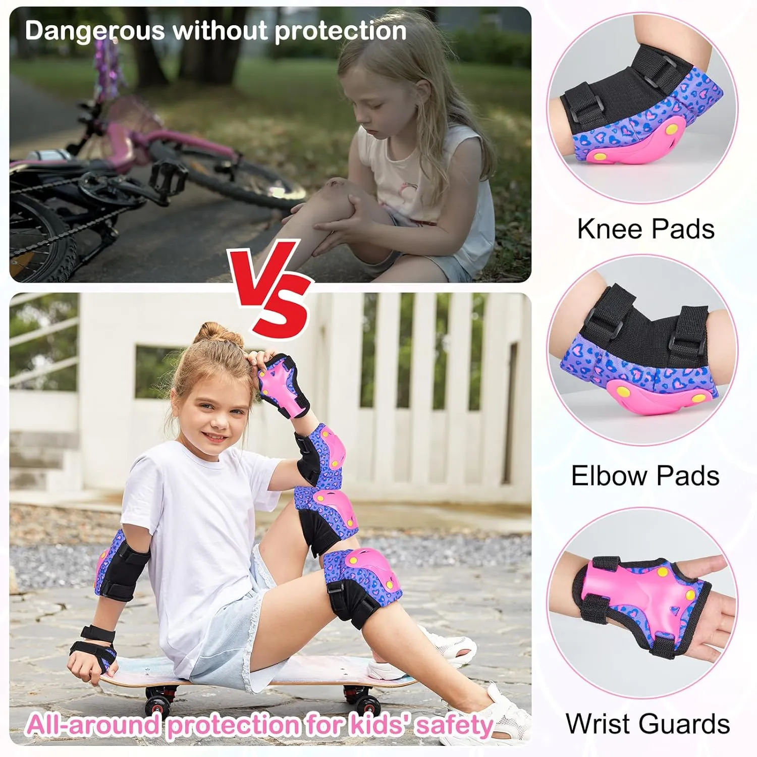 FIODAY Knee Pads for Kids Toddler Knee Pads and Elbow Pads Wrist Guards with Drawstring Bag Adjustable Protective Gear Set for Girls Boys Skating Cycling Skateboard Scooter,3-8 Years,Purple Pink