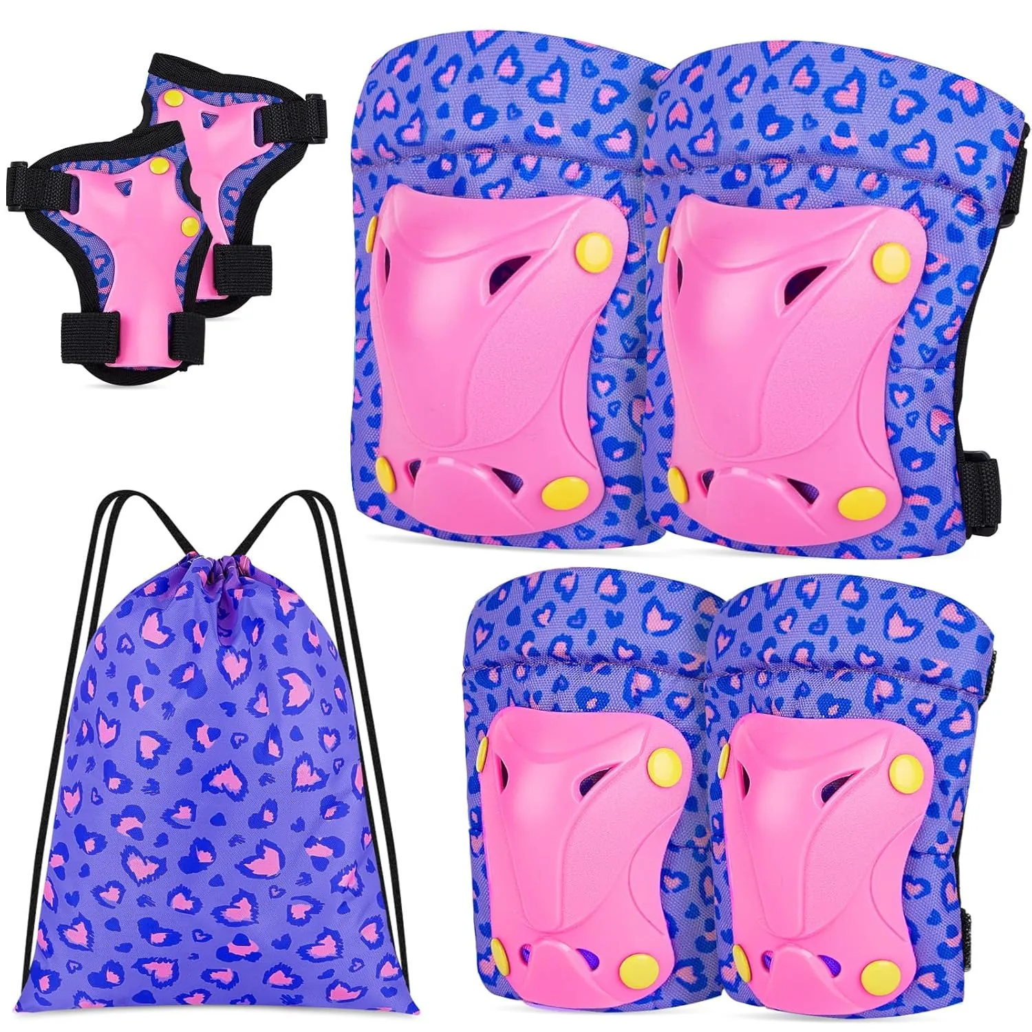 FIODAY Knee Pads for Kids Toddler Knee Pads and Elbow Pads Wrist Guards with Drawstring Bag Adjustable Protective Gear Set for Girls Boys Skating Cycling Skateboard Scooter,3-8 Years,Purple Pink