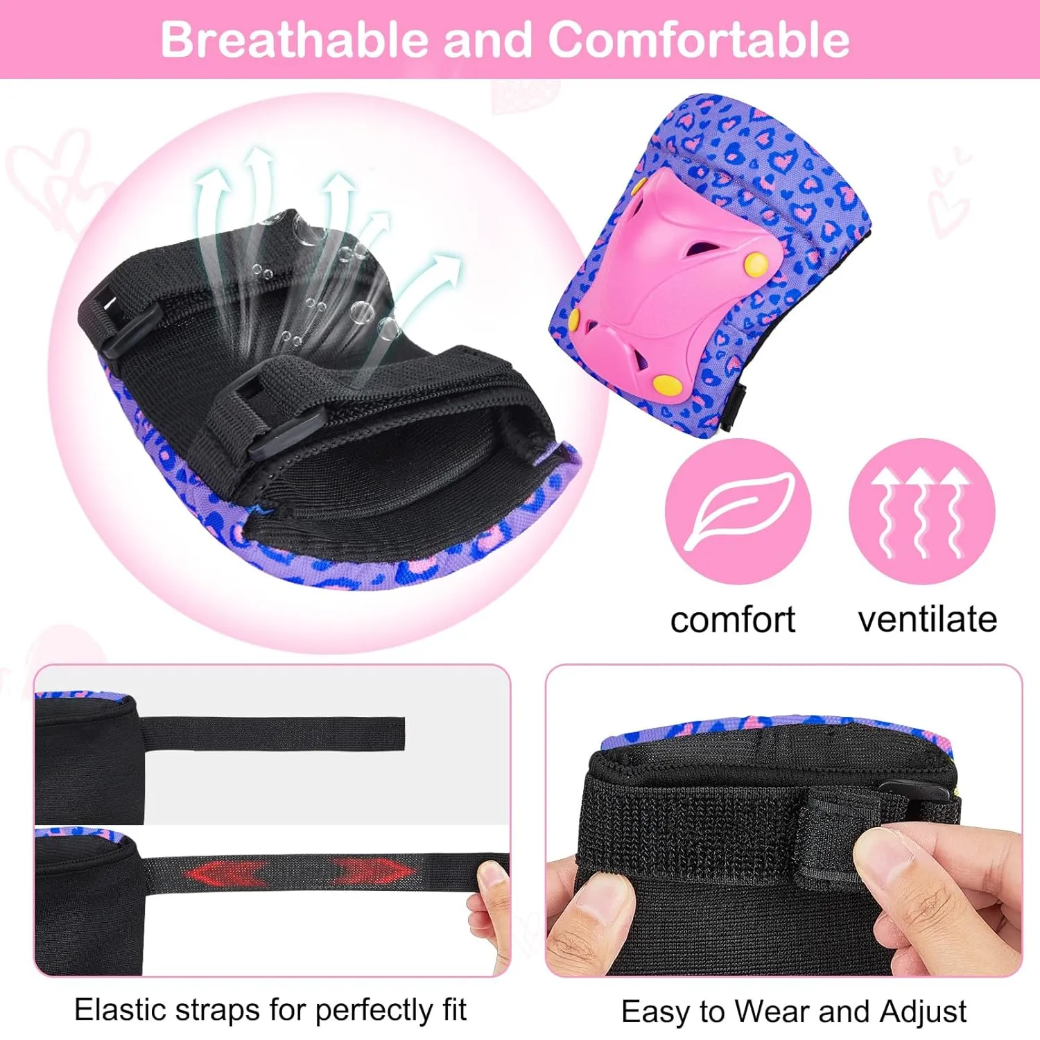 FIODAY Knee Pads for Kids Toddler Knee Pads and Elbow Pads Wrist Guards with Drawstring Bag Adjustable Protective Gear Set for Girls Boys Skating Cycling Skateboard Scooter,3-8 Years,Purple Pink