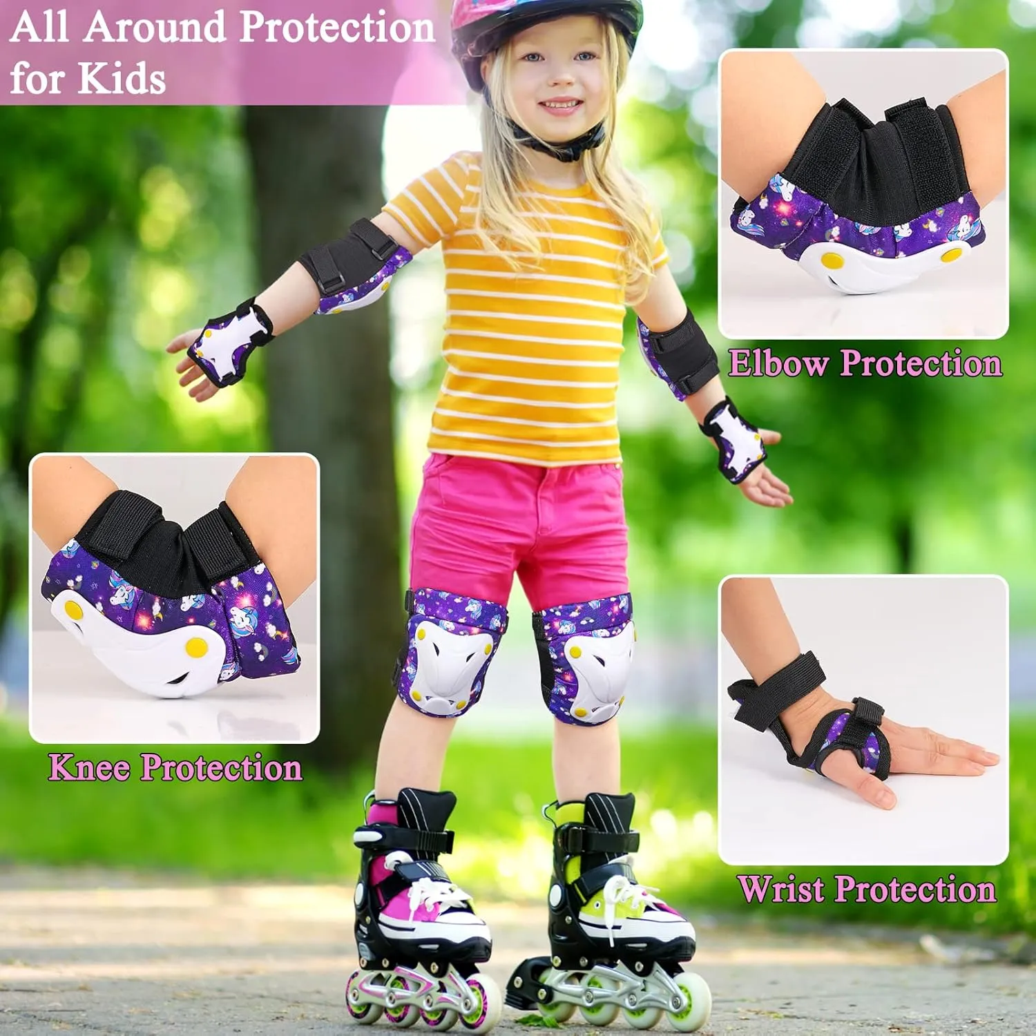 FIODAY Knee Pads for Kids Toddler Knee Pads and Elbow Pads Wrist Guards with Drawstring Bag Adjustable Protective Gear Set for Girls Boys Skating Cycling Skateboard Scooter,3-8 Years,Purple