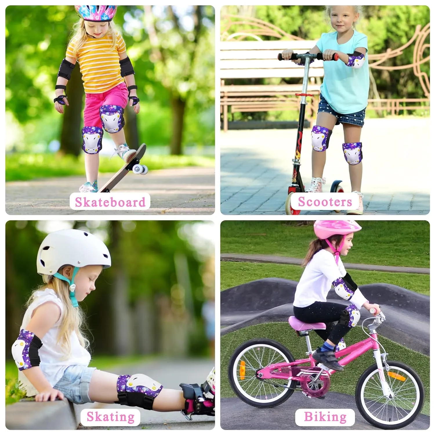 FIODAY Knee Pads for Kids Toddler Knee Pads and Elbow Pads Wrist Guards with Drawstring Bag Adjustable Protective Gear Set for Girls Boys Skating Cycling Skateboard Scooter,3-8 Years,Purple