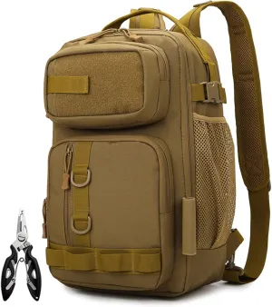 Fishing Backpack - Tackle Sling Bag- Fish Gear Bags with Rod Holder and Fishing Plier(Tan)