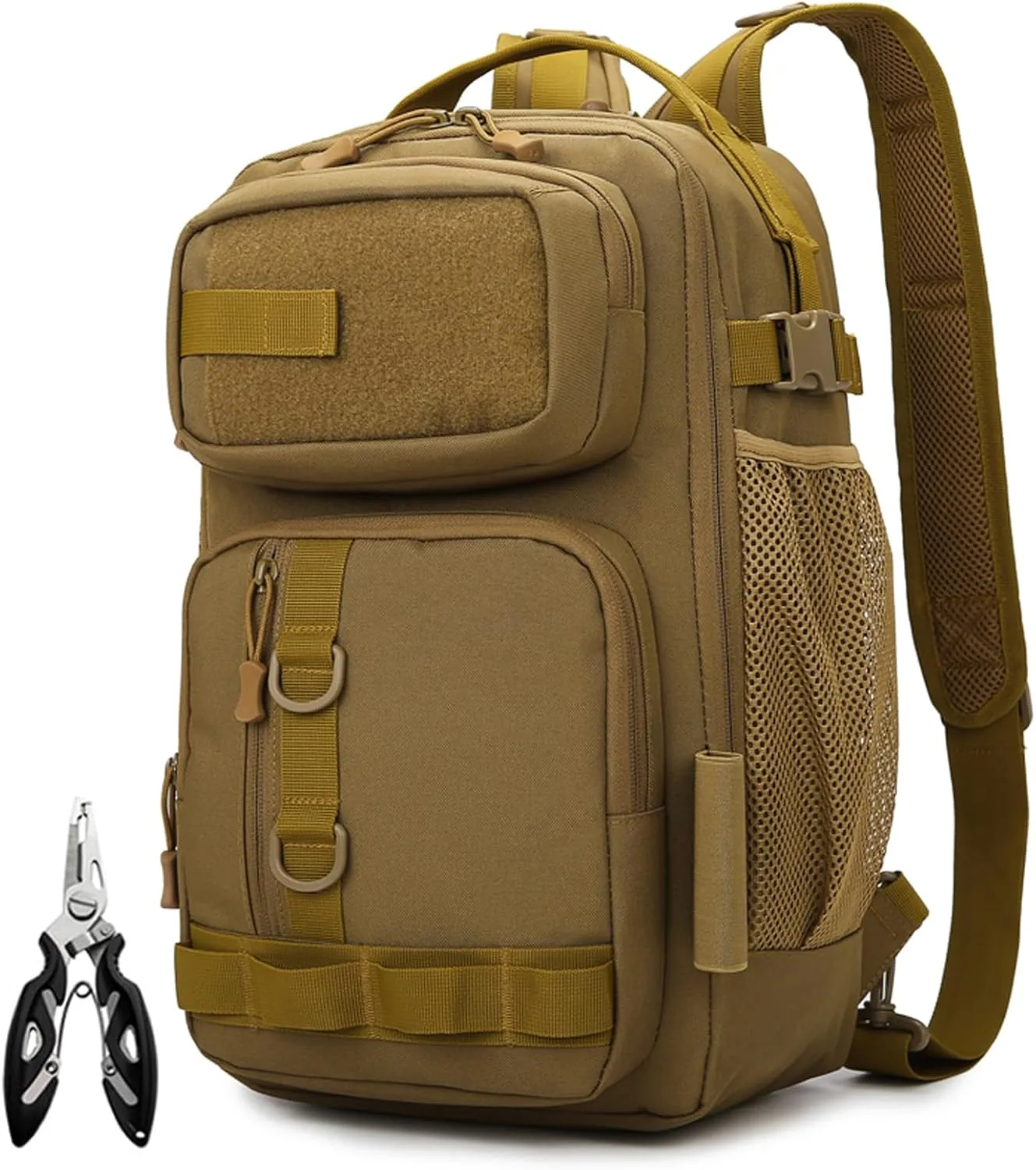 Fishing Backpack - Tackle Sling Bag- Fish Gear Bags with Rod Holder and Fishing Plier(Tan)