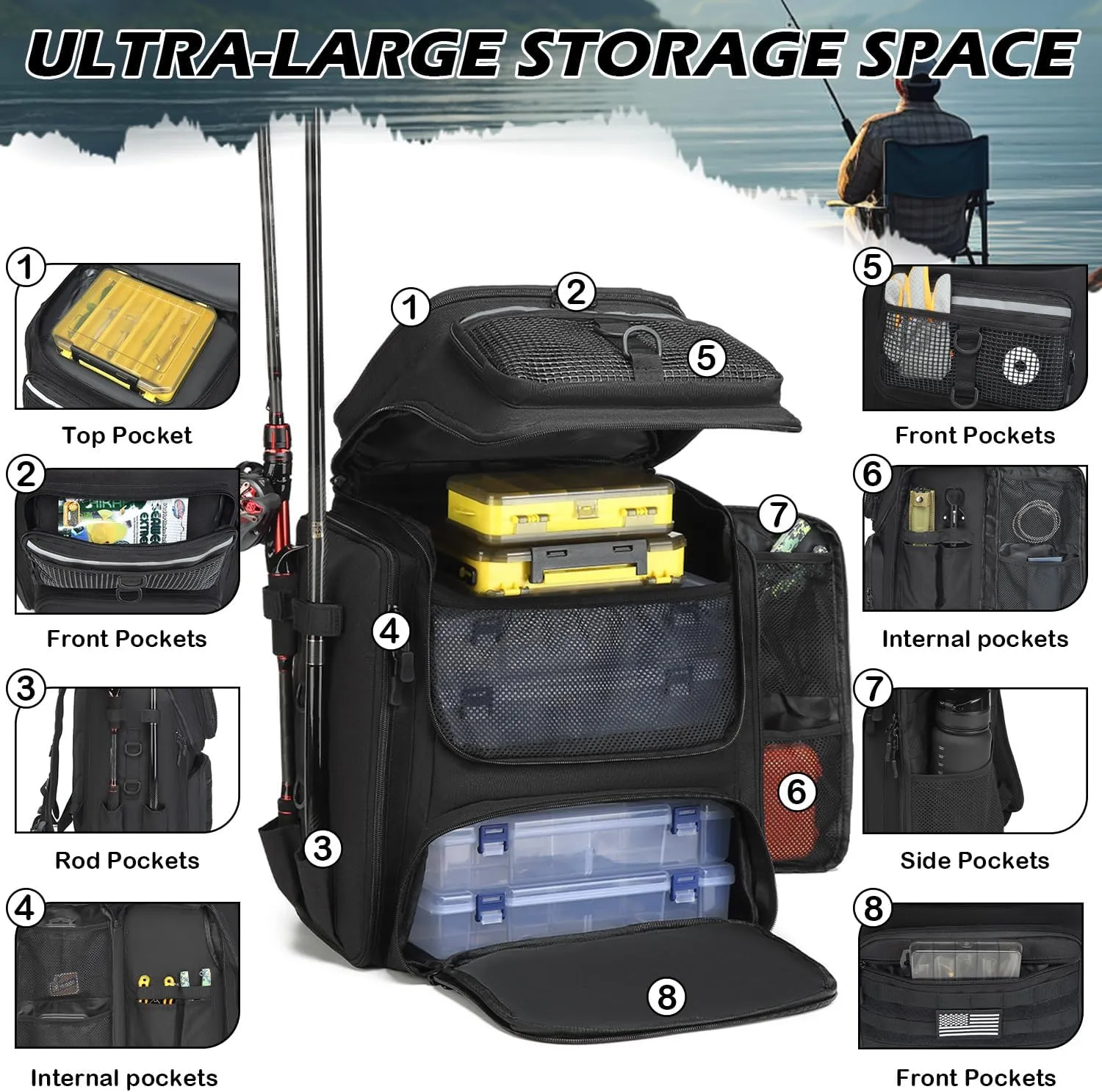 Fishing Backpack with Rod Holders - 45L Large Water-resistant Fishing Tackle Bag for Outdoor Camping Hiking Gear and Equipment, Bag Only (Black)