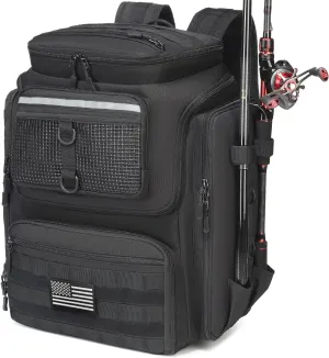 Fishing Backpack with Rod Holders - 45L Large Water-resistant Fishing Tackle Bag for Outdoor Camping Hiking Gear and Equipment, Bag Only (Black)