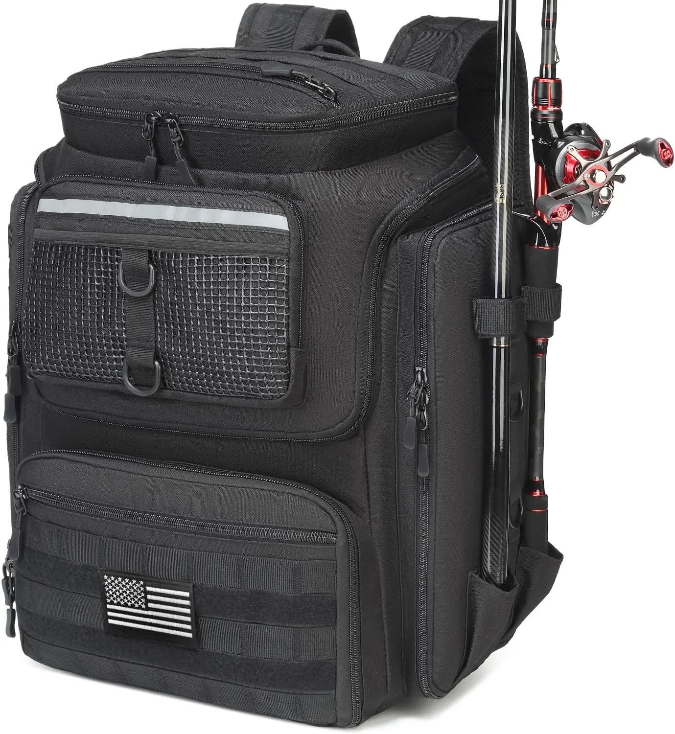Fishing Backpack with Rod Holders - 45L Large Water-resistant Fishing Tackle Bag for Outdoor Camping Hiking Gear and Equipment, Bag Only (Black)