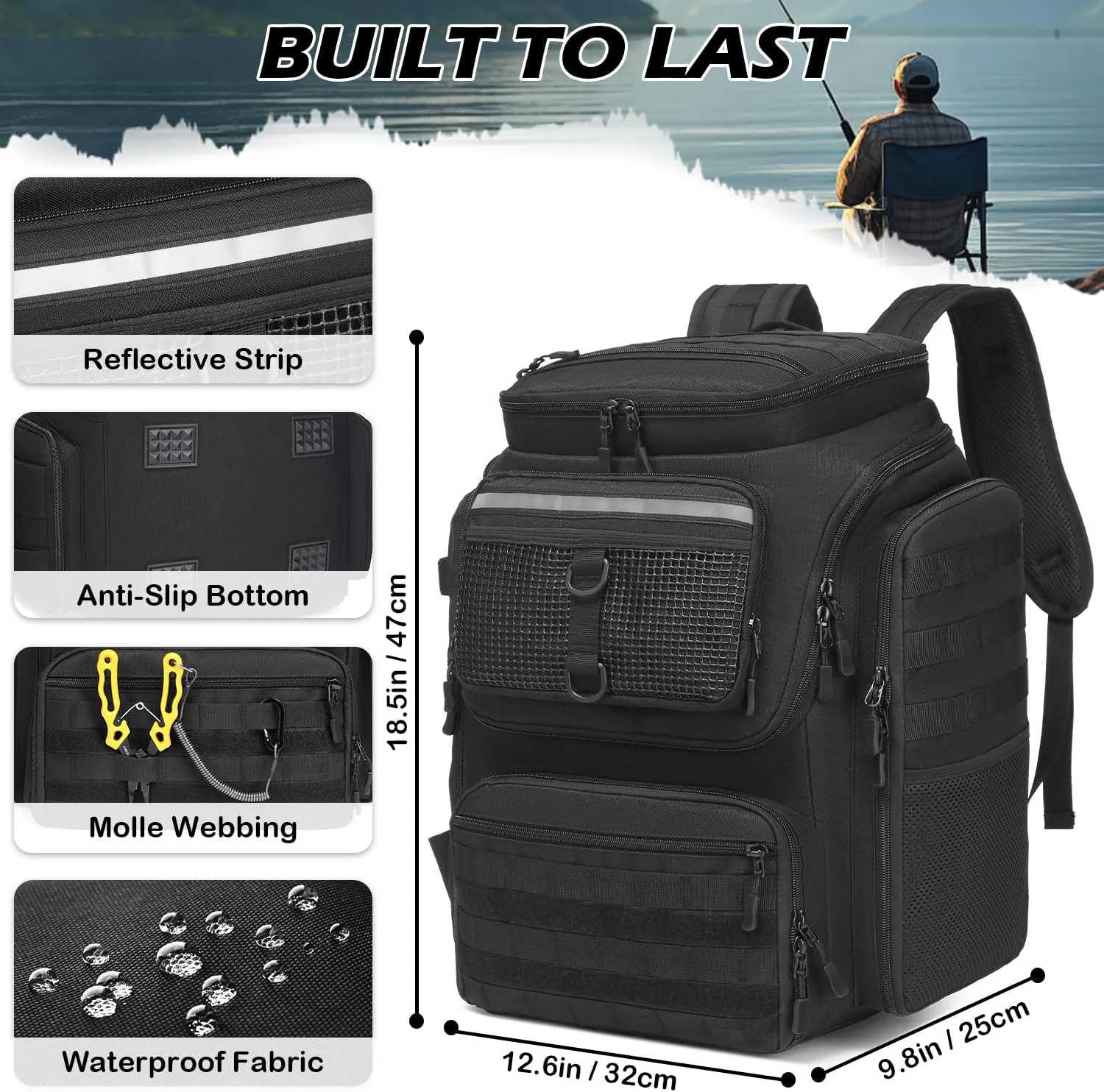 Fishing Backpack with Rod Holders - 45L Large Water-resistant Fishing Tackle Bag for Outdoor Camping Hiking Gear and Equipment, Bag Only (Black)