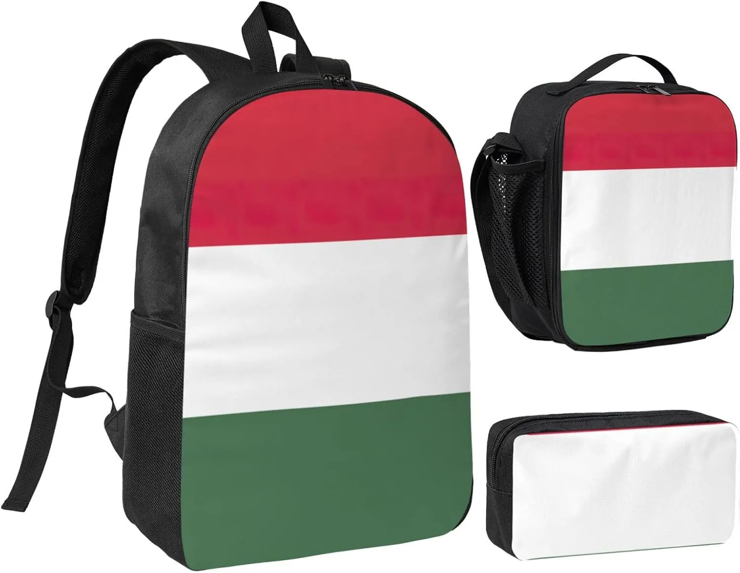 Flag of Hungary print Backpack 3pcs Set Including 17 Inch Large BookBag With Lunch Bag And Practical Pen Bag