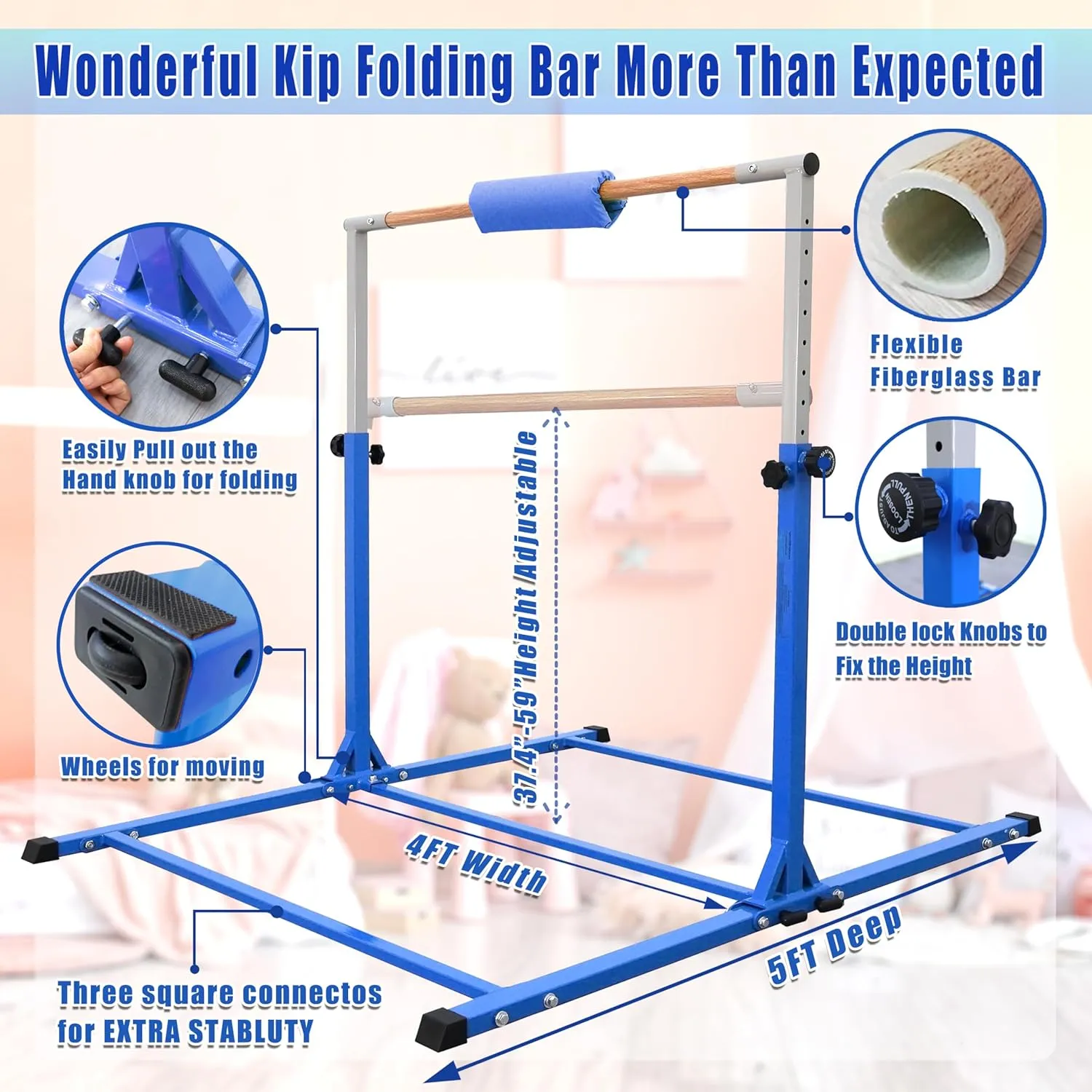 Foldable Gymnastics Bar for Kids Ages 3-20,Gymnastics Kip Bar Horizontal Bars,5FT/6FT Base Length, 3' to 5' Height Adjustable,Gymnastics Equipment for Home and Club Use