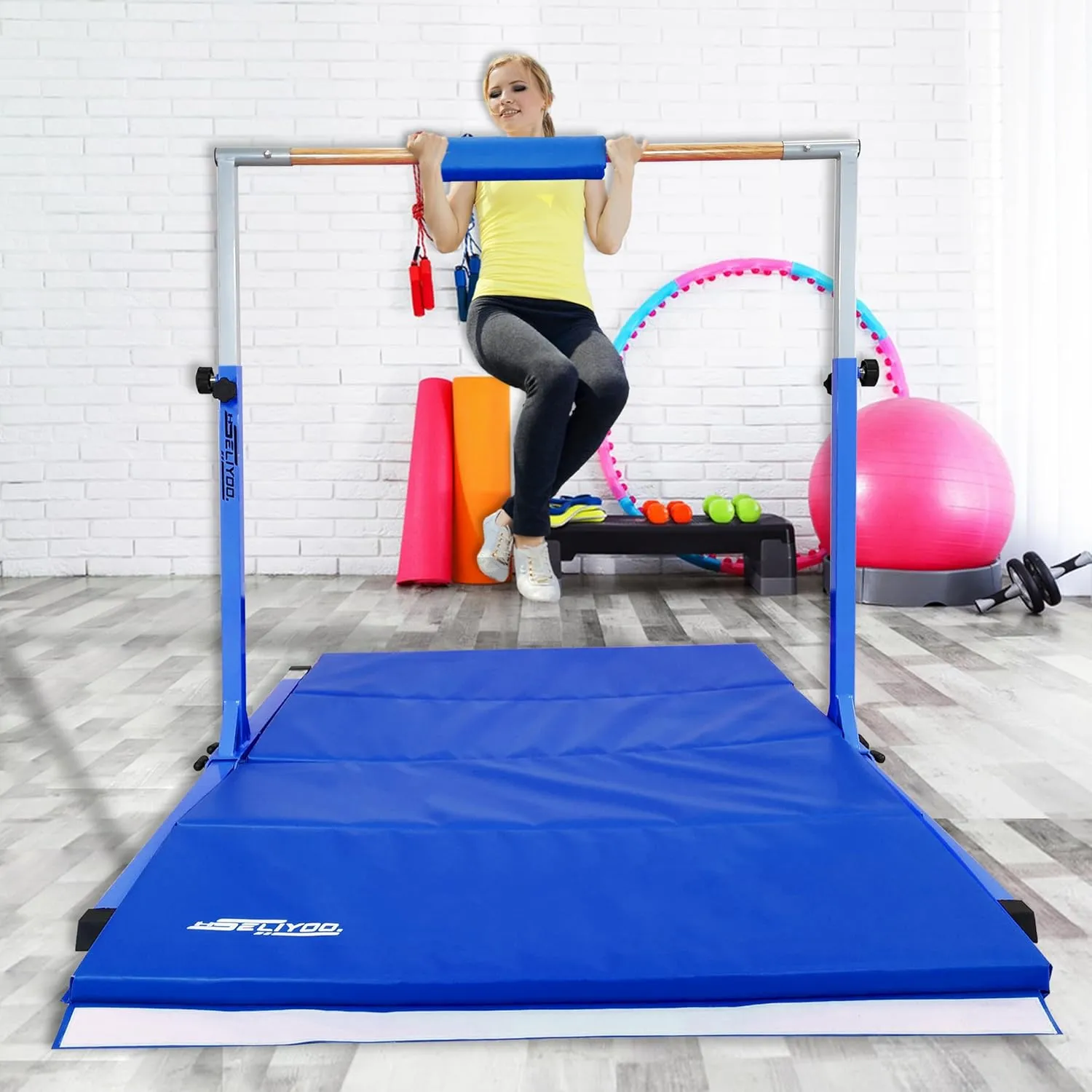 Foldable Gymnastics Bar for Kids Ages 3-20,Gymnastics Kip Bar Horizontal Bars,5FT/6FT Base Length, 3' to 5' Height Adjustable,Gymnastics Equipment for Home and Club Use