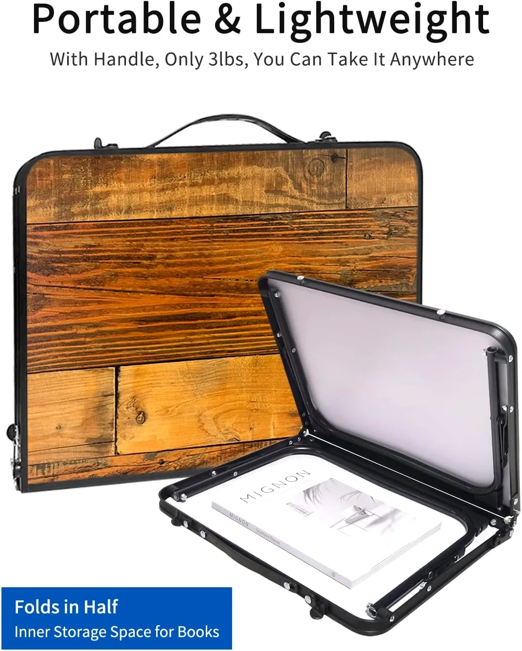 Foldable Laptop Table for Bed, SUVANE Lap Desk Bed Desk, Breakfast Serving Bed Tray, Portable Mini Picnic Table Storage Space Laptop Desk Reading Holder(Retro Wood)