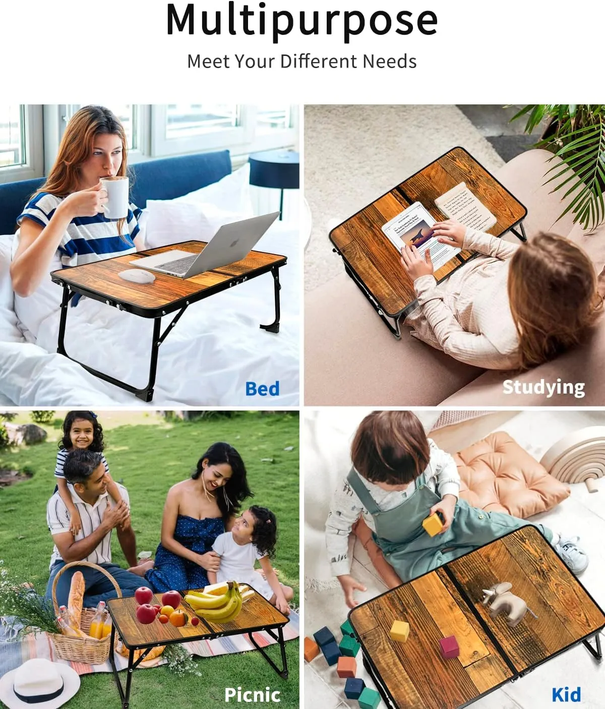 Foldable Laptop Table for Bed, SUVANE Lap Desk Bed Desk, Breakfast Serving Bed Tray, Portable Mini Picnic Table Storage Space Laptop Desk Reading Holder(Retro Wood)