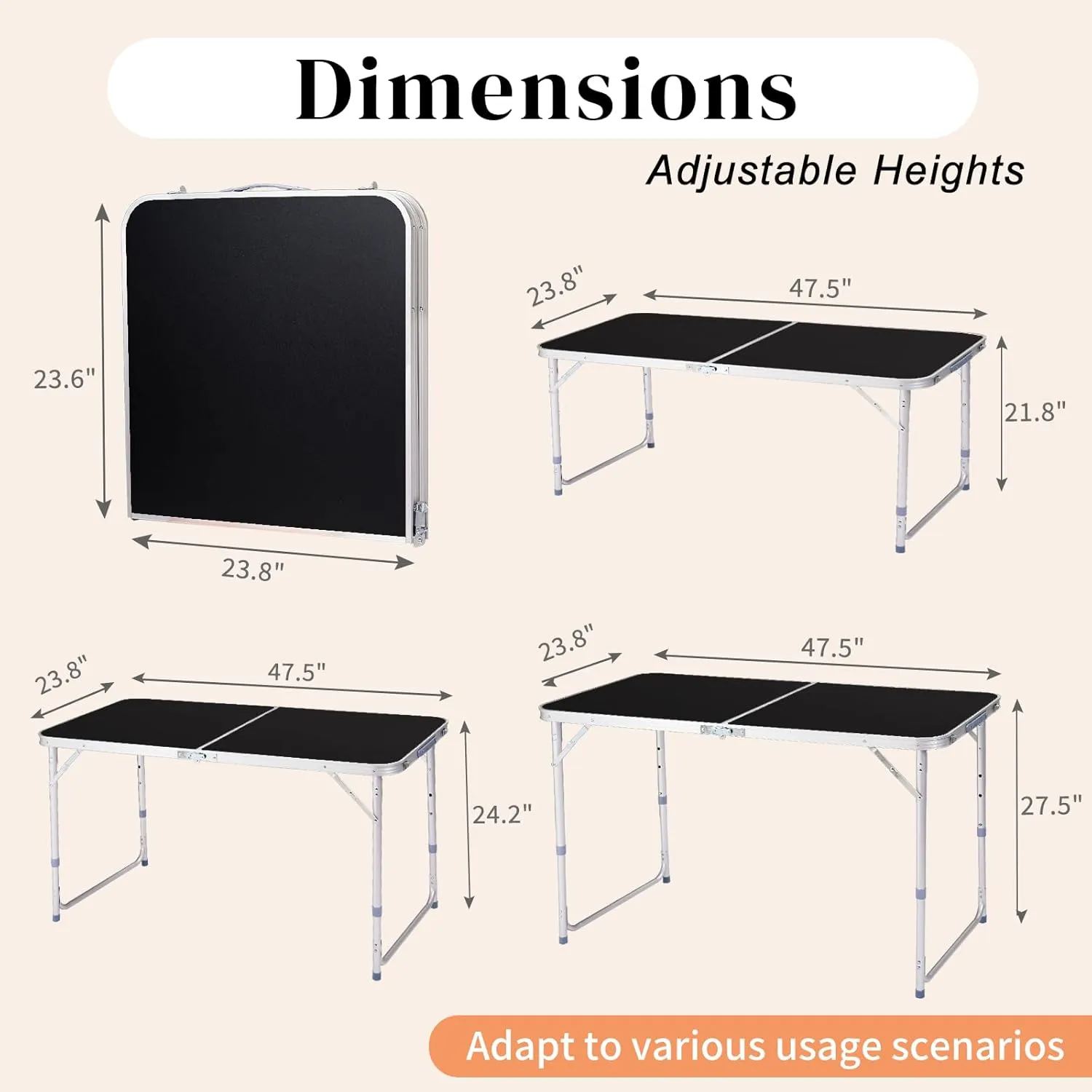 Foldable Table Height Adjustable Heavy Duty Portable Utility Table for Indoor Outdoor Party, Dining, Events, Picnic, Camping (Black, 4ft)