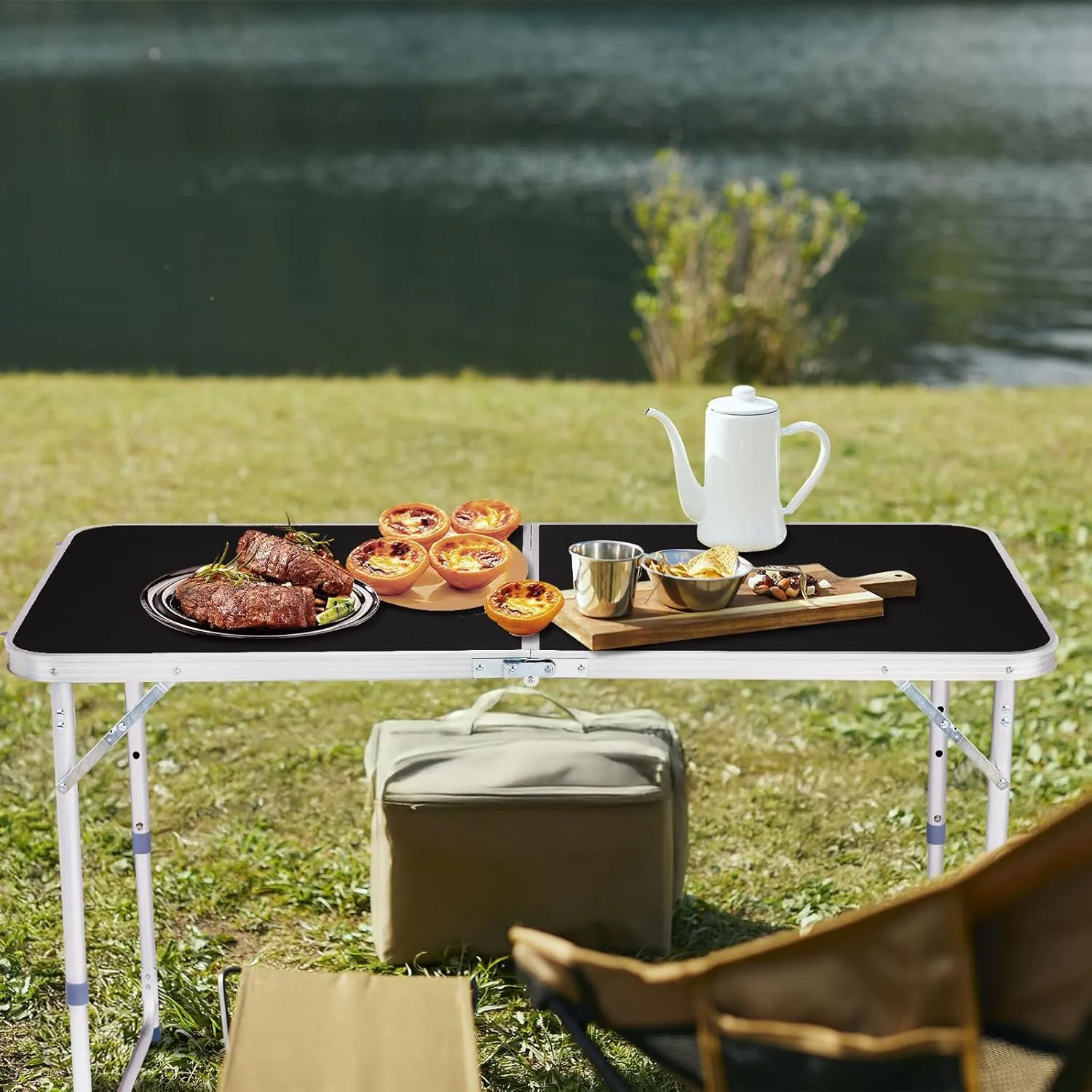 Foldable Table Height Adjustable Heavy Duty Portable Utility Table for Indoor Outdoor Party, Dining, Events, Picnic, Camping (Black, 4ft)