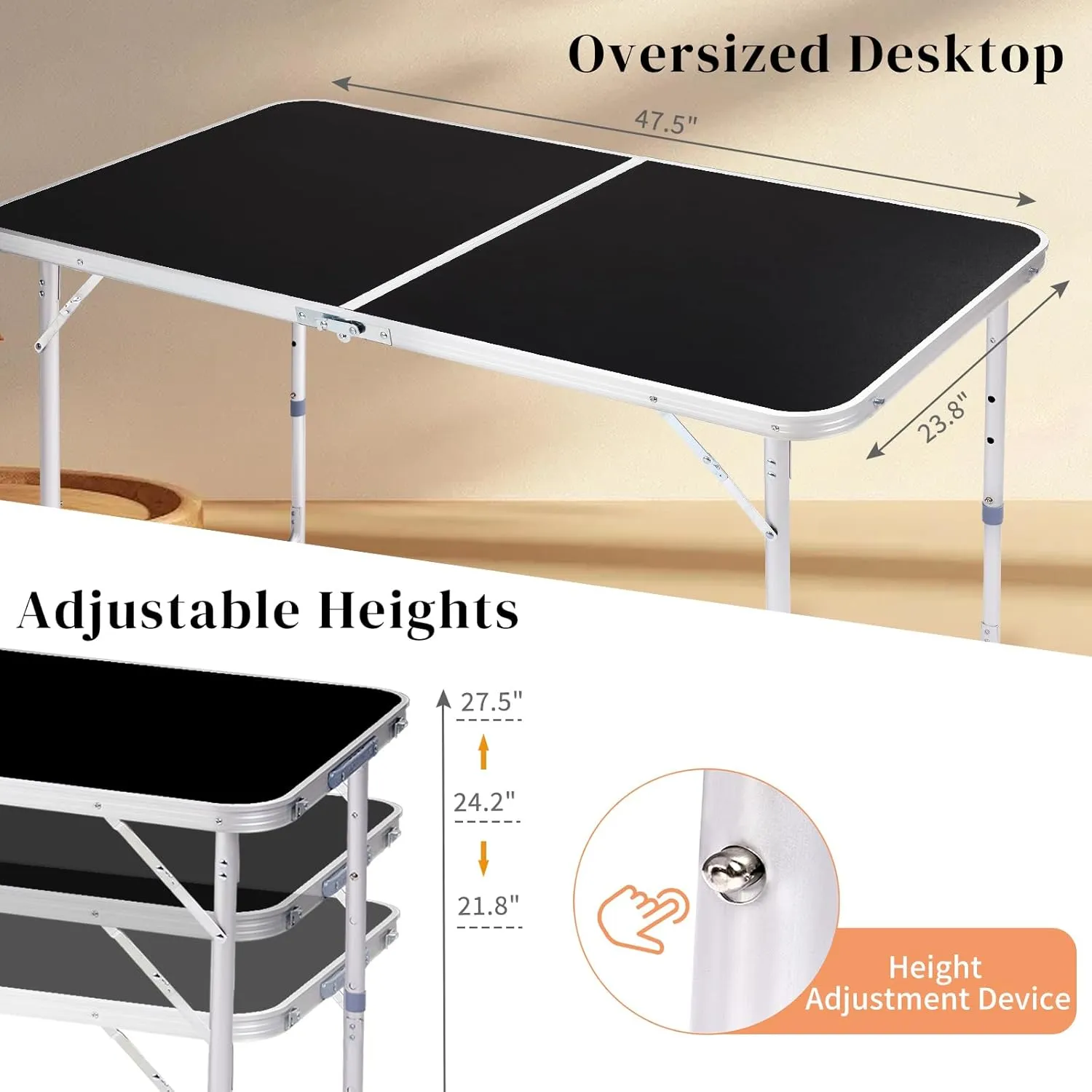 Foldable Table Height Adjustable Heavy Duty Portable Utility Table for Indoor Outdoor Party, Dining, Events, Picnic, Camping (Black, 4ft)