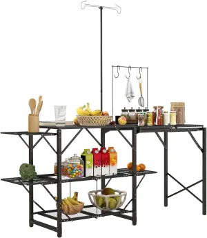Folding Camp Kitchen Table, Portable Camping Cooking Station with Adjustable Lantern Holder, Hanging Hooks and Carrying Bag for Outdoor Picnic Beach BBQ Traveling