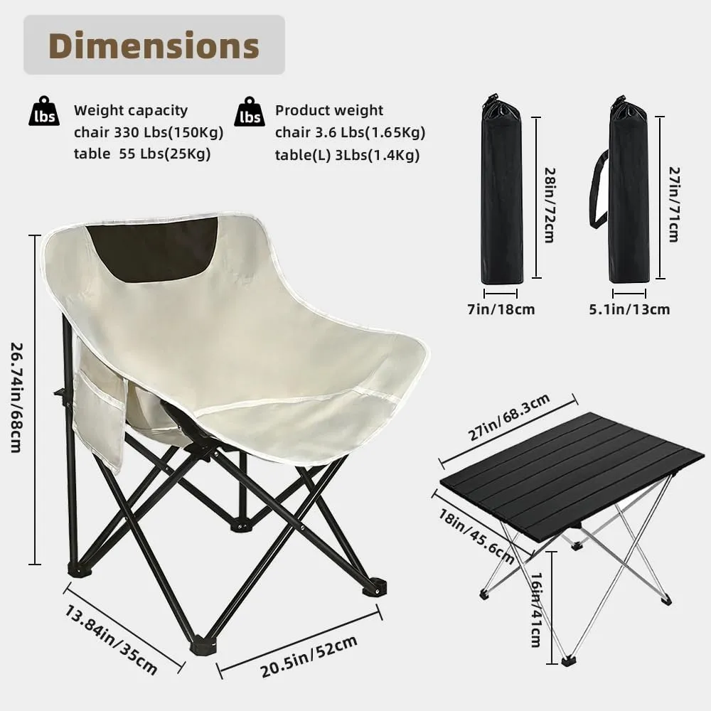 Folding Camping Chair Set of 3,Lightweight Camp Chairs with Table,Large Lawn Chair Portable for Adults Hiking,Fishing,Beach,Picnic,Patio,Travel,Carry Bag(L)