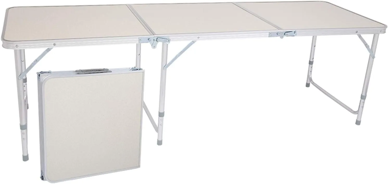 Folding Camping Table, Aluminum Height Adjustable Lightweight Desk Portable Handle, Roll Up Top Weatherproof and Rust Resistant Table for Outdoor Picnic Beach Backyard, White (6 FT)