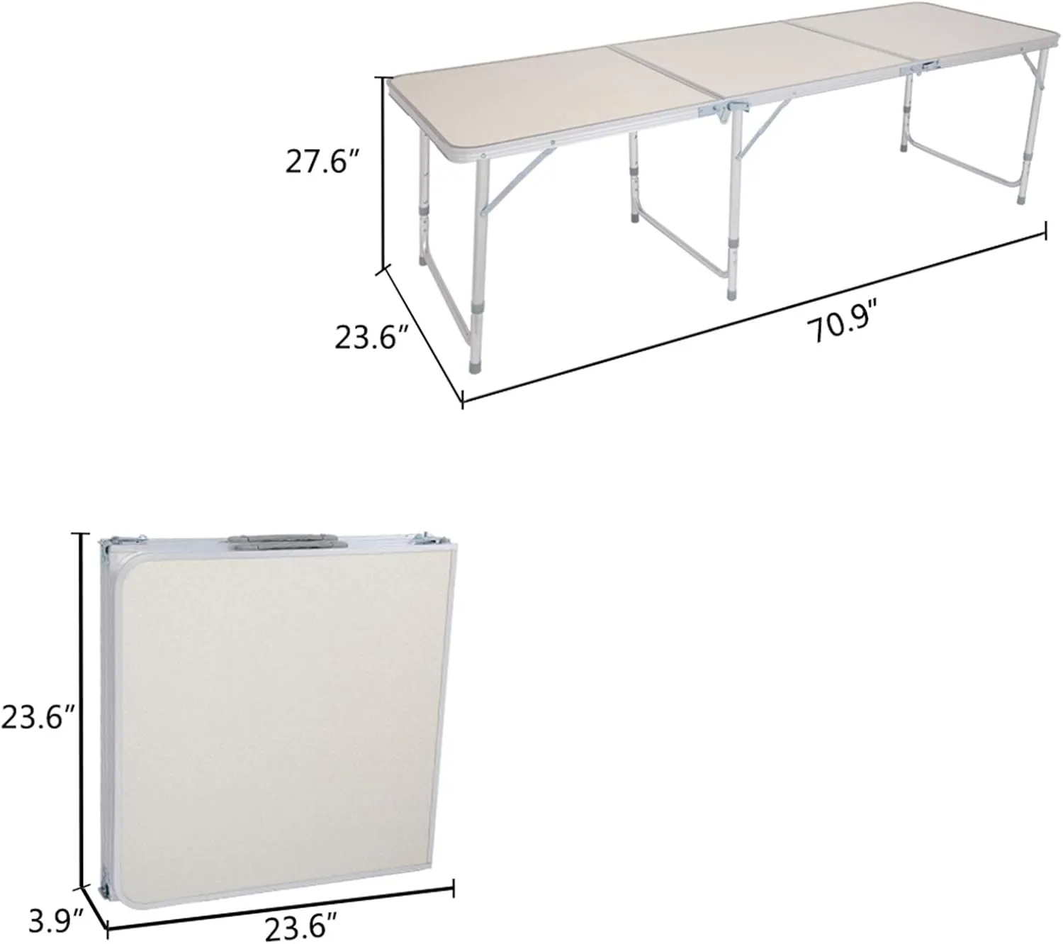 Folding Camping Table, Aluminum Height Adjustable Lightweight Desk Portable Handle, Roll Up Top Weatherproof and Rust Resistant Table for Outdoor Picnic Beach Backyard, White (6 FT)